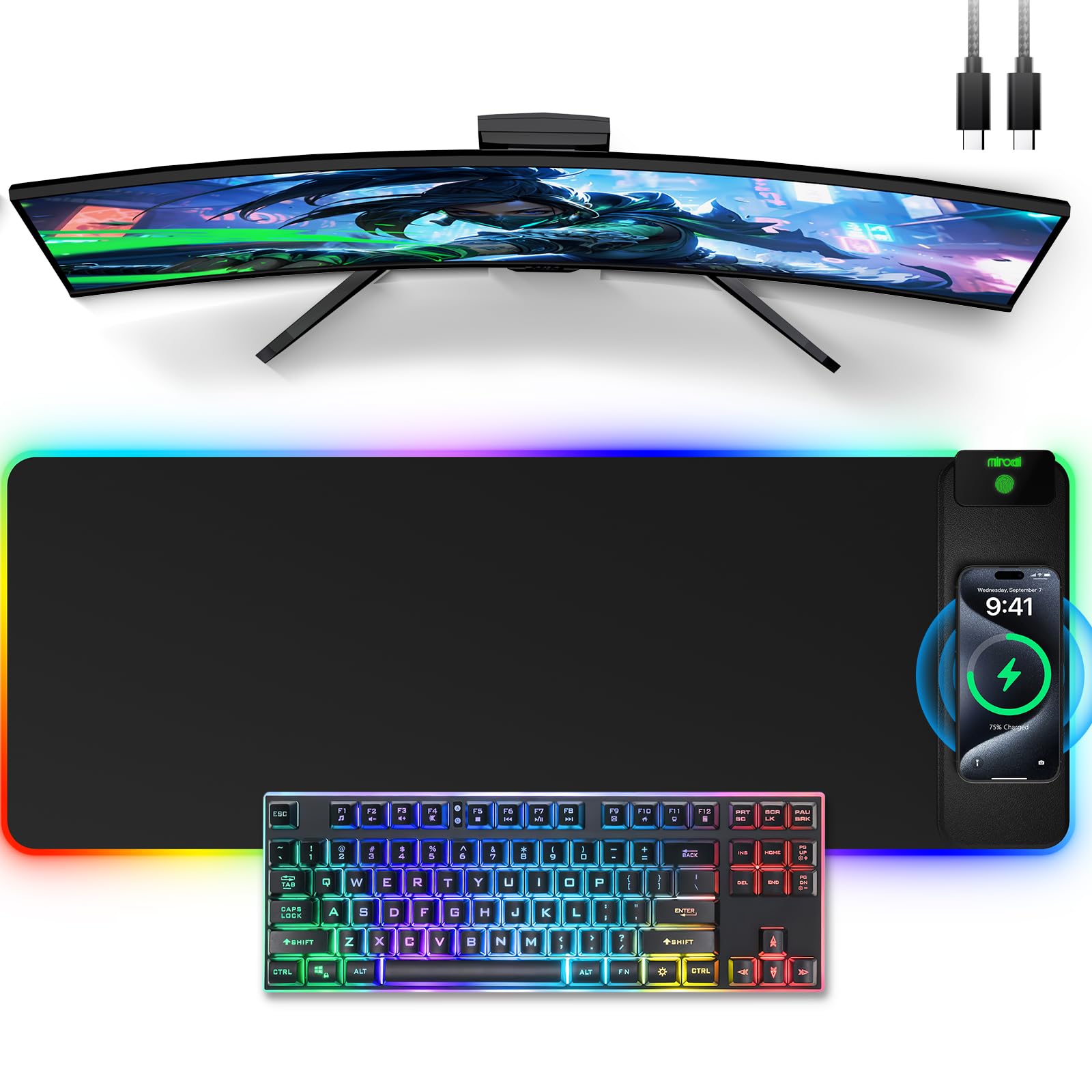 Wireless Charging Mouse Pad, 31.5"x11.81" XL Gaming Mousepad with 11 RGB Colors &amp; 5 Lighting Modes, Home Office Large Desk Pad, Ultra-Smooth Surface, Non-Slip, Waterproof Keyboard Pad Black Desk Mat