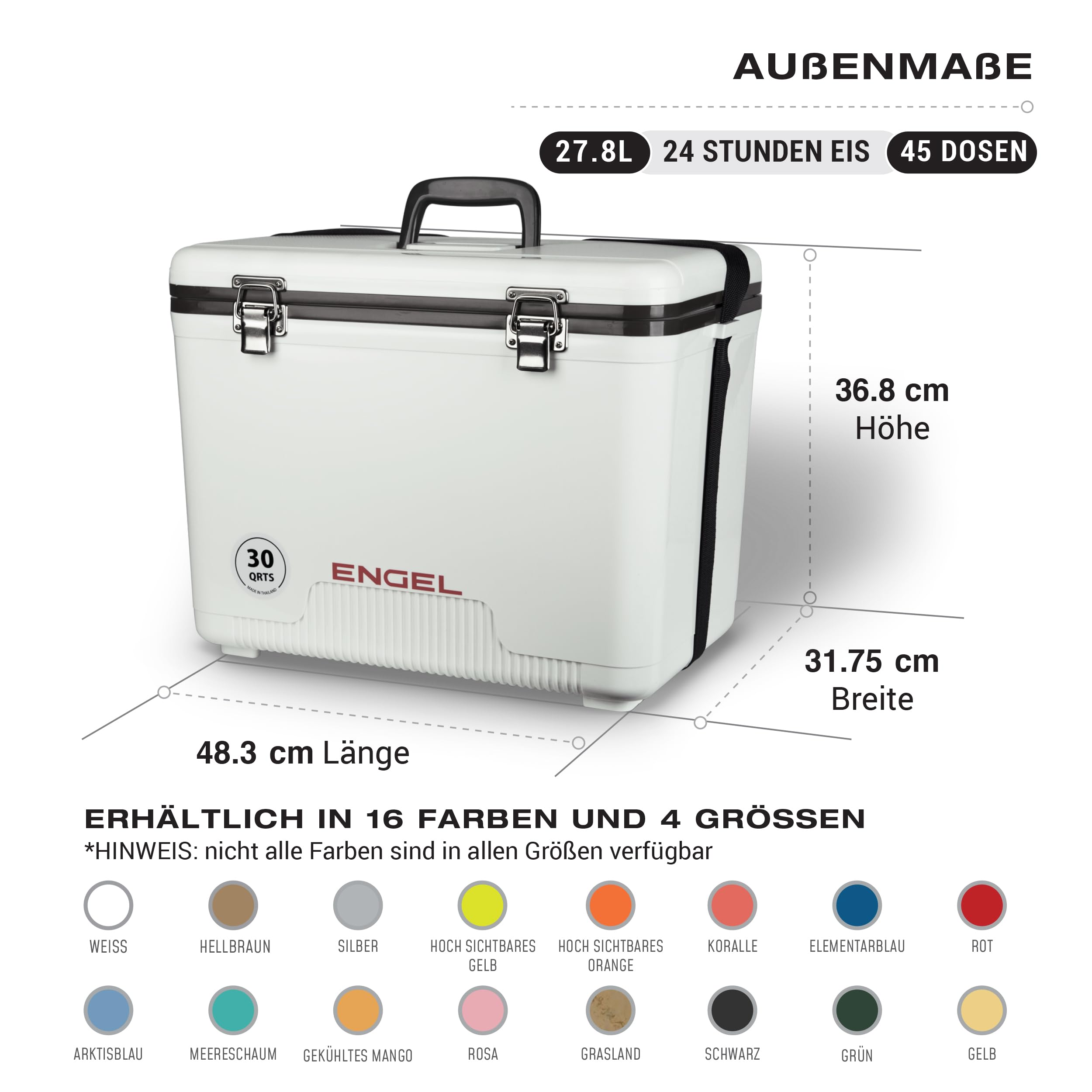 ENGEL Kühlbox 30qt (28,4 Liter) Auslaufsicher, Luftdicht, Tragbare, Kleine Kühlbox für Camping, Picknick, Wandern, Festival - Eisbox Ohne Strom für Männer & Frauen, 48,3 x 31,7 x 36,8 cm