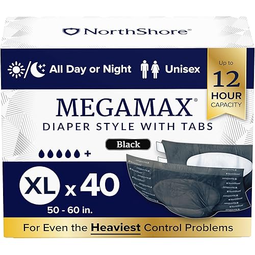 NorthShore MegaMax Adult Overnight Diapers, 12-Hour Tab-Style, X-Large, 40 Count Case, Black, 50-60 inches, Unisex Incontinence Underwear