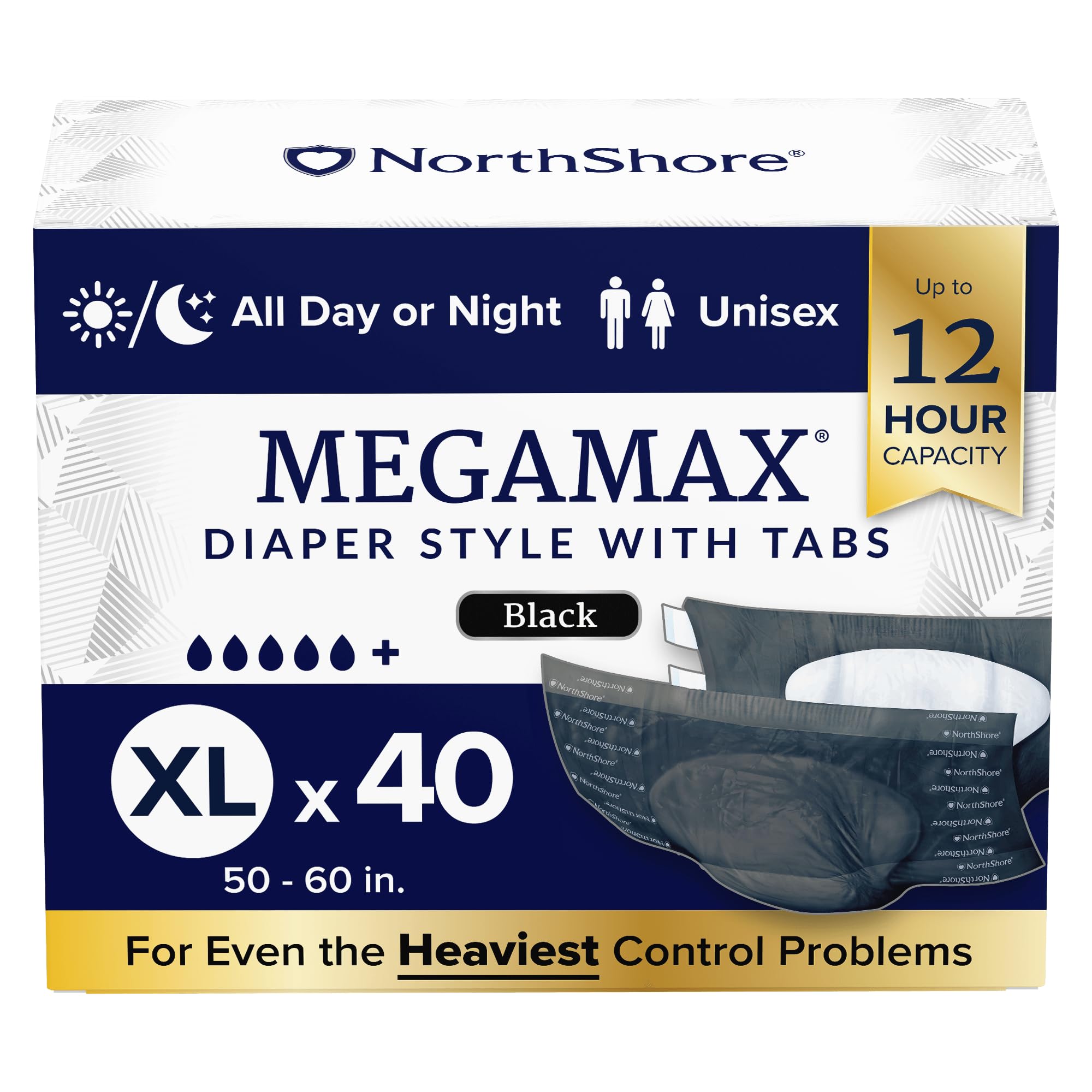 NorthShore MegaMax 12-Hour HBL Adult Diapers for Heavy Bladder Leaks, X-Large, 40 Count, Black, 50-60 inches, Tab-Style Incontinence Underwear for Men