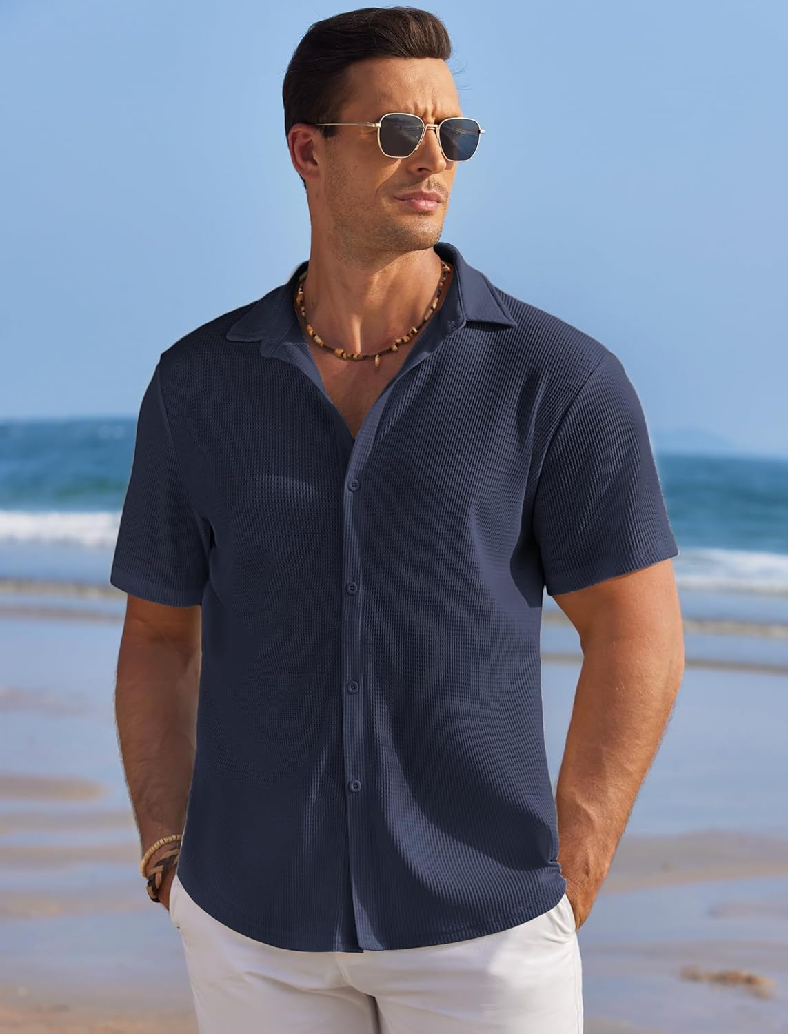 COOFANDY Men's Casual Shirts Short Sleeve Waffle Knit Button Down Shirt Wrinkle Free Summer Beach Tops - Image 2