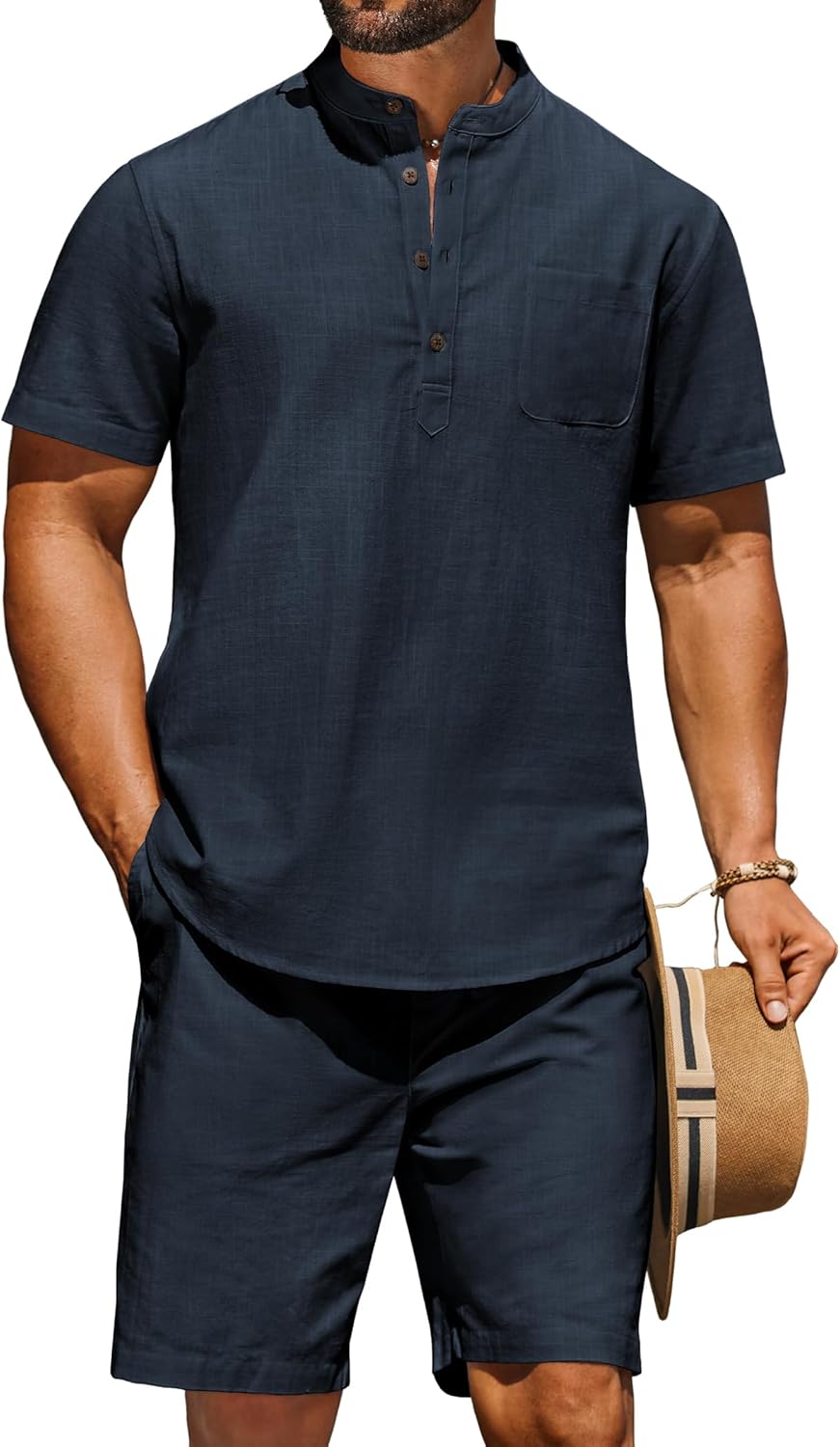 COOFANDY Men's 2 Piece Cotton Linen Sets Summer Beach Outfits Casual Short Sleeve Henley Shirts and Vacation Shorts