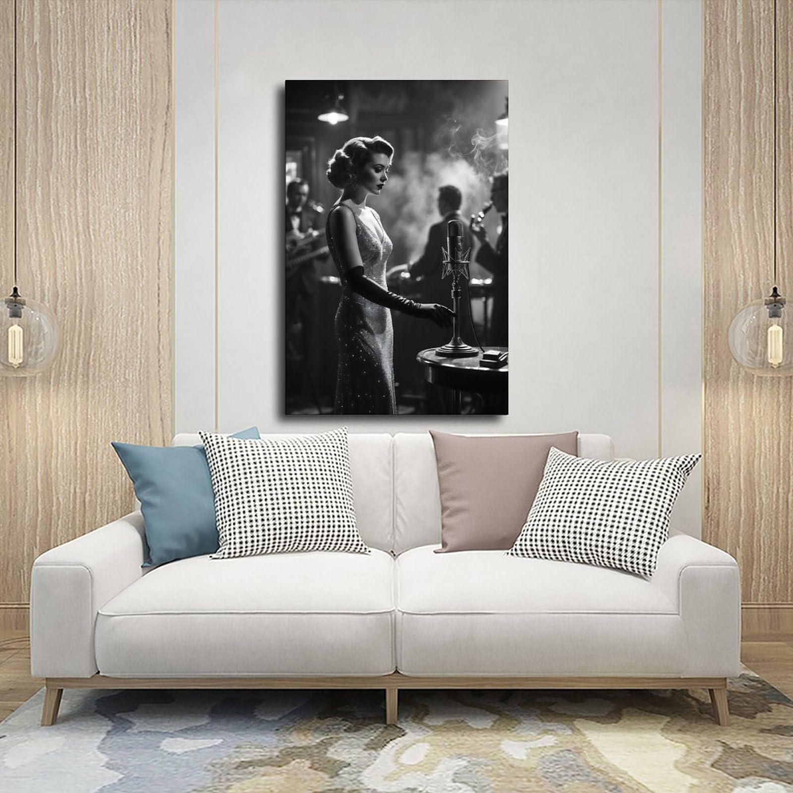 QIENAZIO Poster da parete in stile retrò con cantante jazz, musica in bianco e nero, elegante decorazione artistica da parete per camera da letto, ufficio, cucina, regalo, 60 x 90 cm