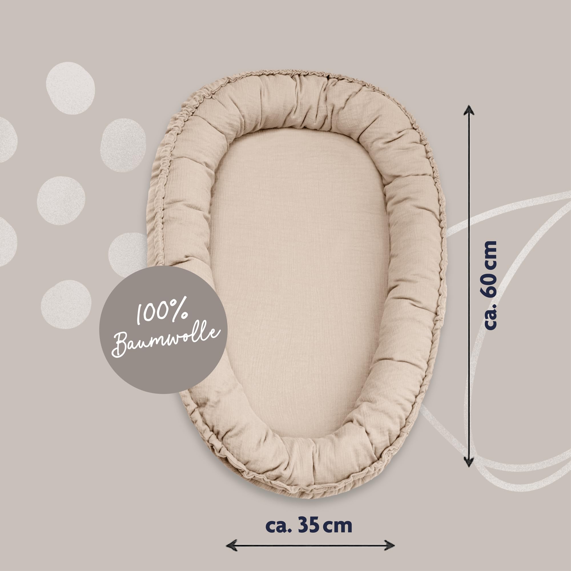 Julius Zöllner Kuschelnest NIDO | Liegefläche ca. 60x35 cm | Für Babys ab der Geburt | 100% Baumwollmusselin | Made in Germany | OEKO TEX Standard 100 | Sand