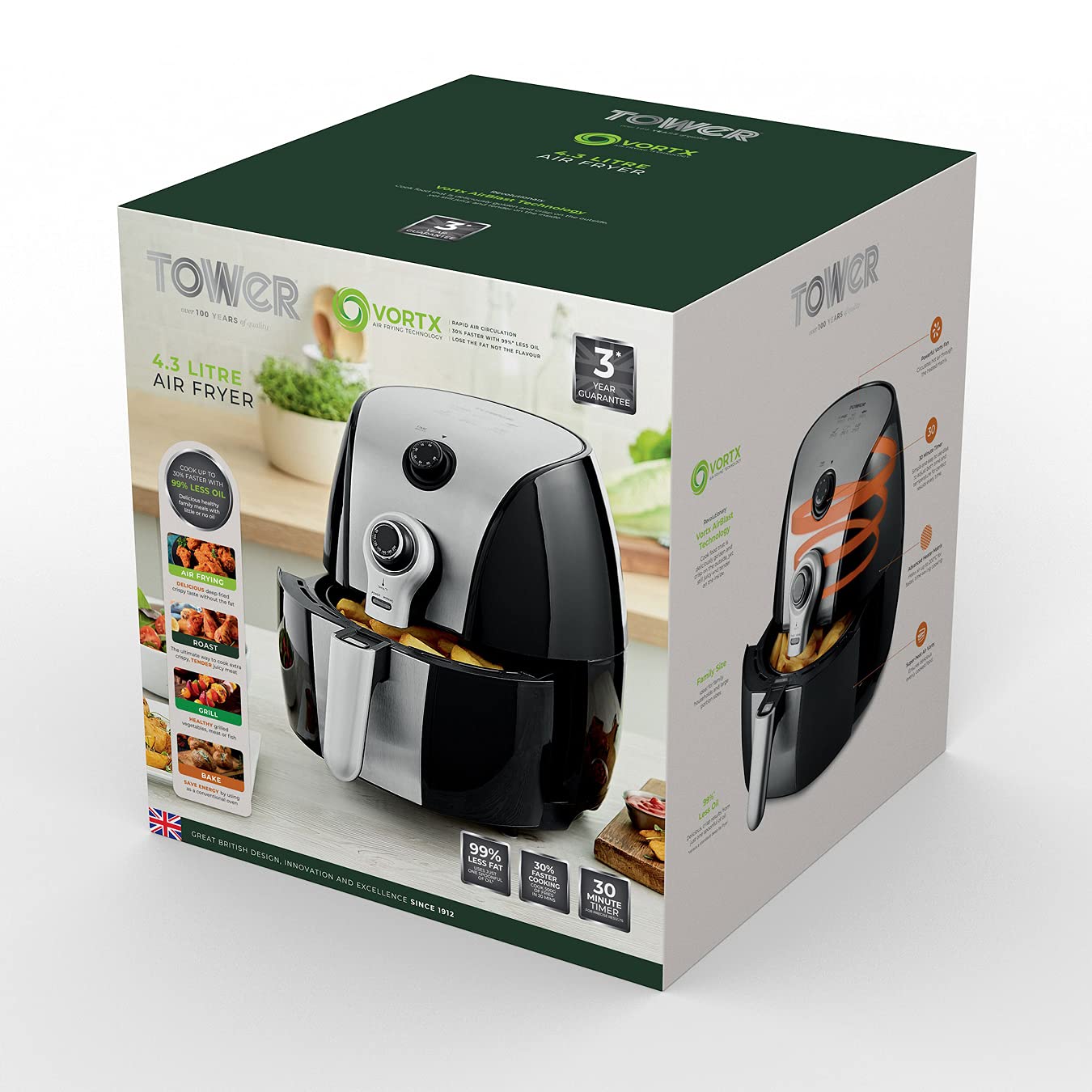 Tower T17022 Vortx Manual Air Fryer with Rapid Air Circulation, 30