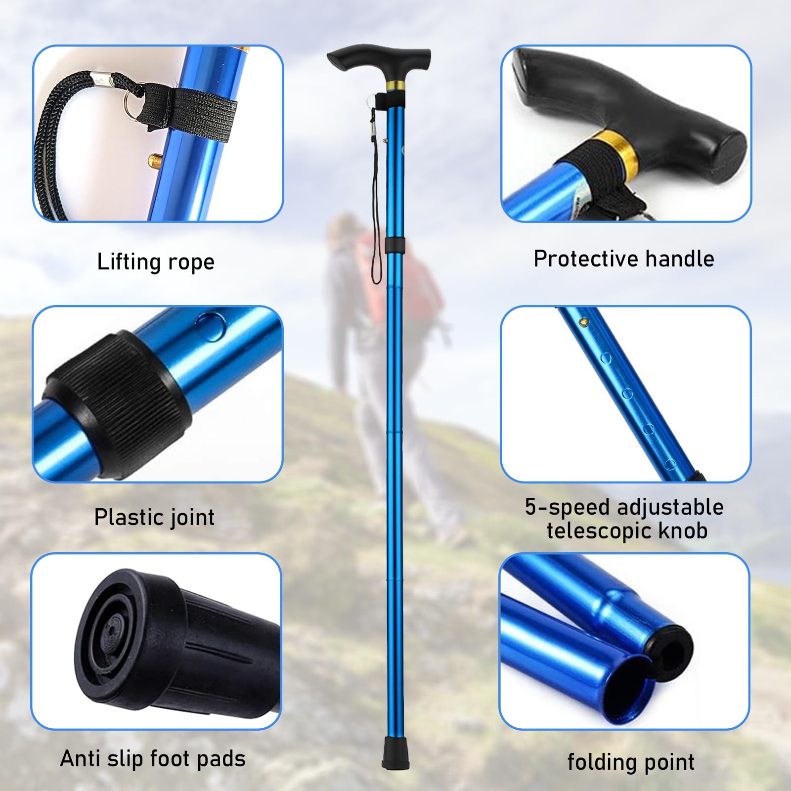 Bastón Plegable, Bastones Altura Ajustable Bastón Plegable y Extensible para Mayores Bastones para Caminar con Pulsera y Mango en T para Senderismo Alpinismo Trail Viaje Azul
