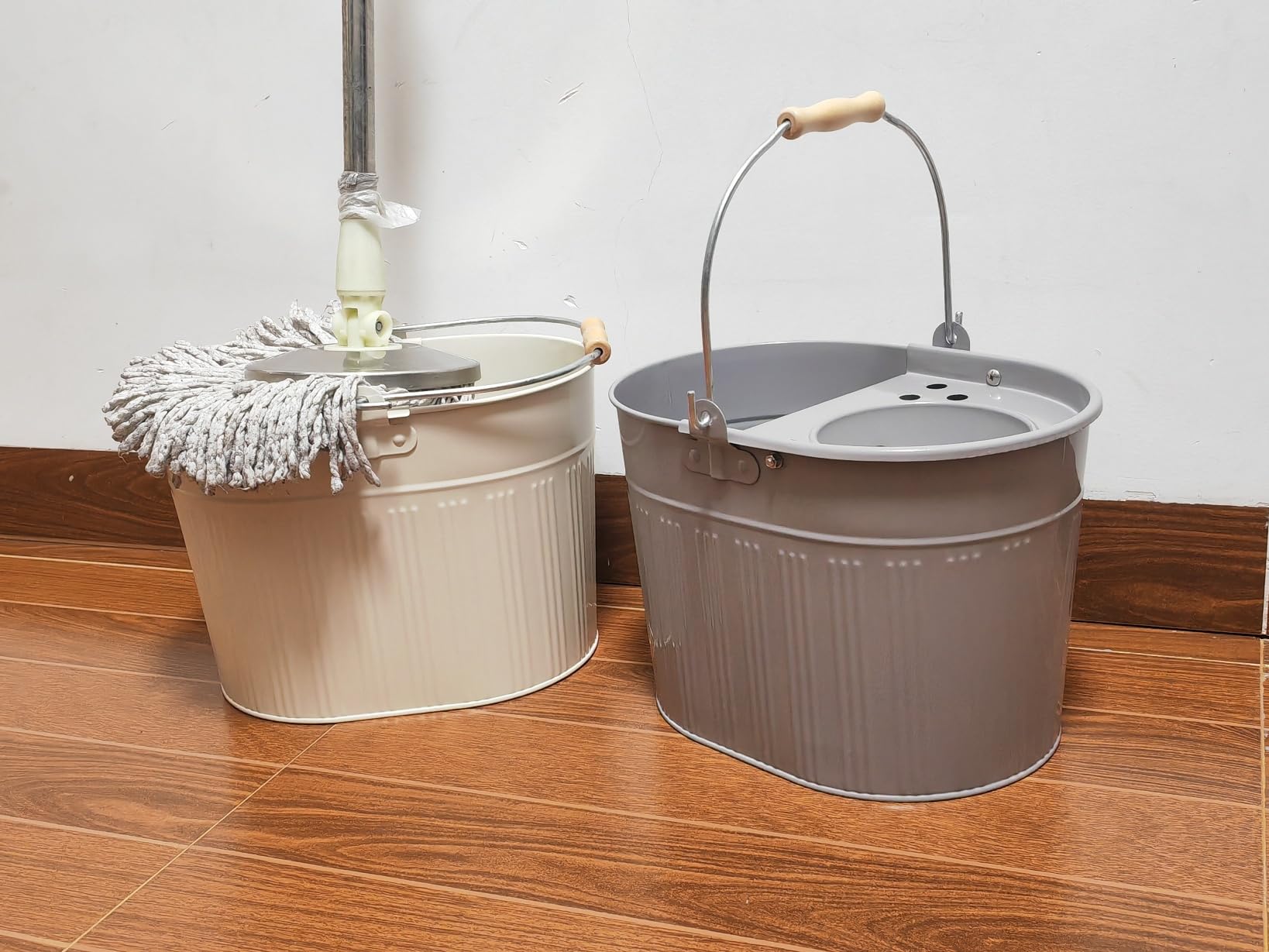Cubo de fregona de metal de acero galvanizado de 13 litros, grande, galvanizado, reforzado, resistente, de acero grueso, para limpieza general en casa, oficina (gris)