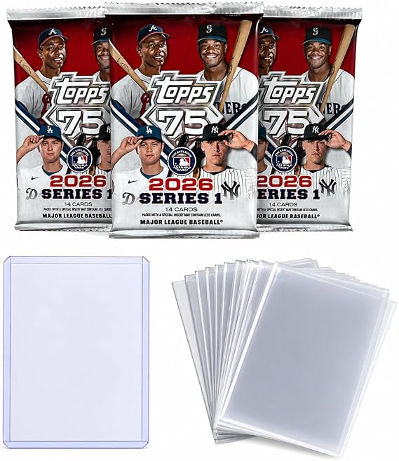 2026 Topps Series 1 Baseball Cards Value Pack 3 Factory Sealed Packs (42 Cards Total) + 10 Penny Sleeves + 1 Top Loader MLB Trading Card Bundle (Topps 75th Anniversary Design)