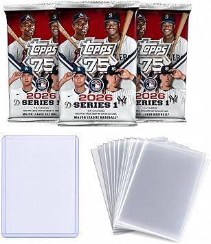 2026 Topps Series 1 Baseball Cards Value Pack 3 Factory Sealed Packs (42 Cards Total) + 10 Penny Sleeves + 1 Top Loader MLB Trading Card Bundle (Topps 75th Anniversary Design)