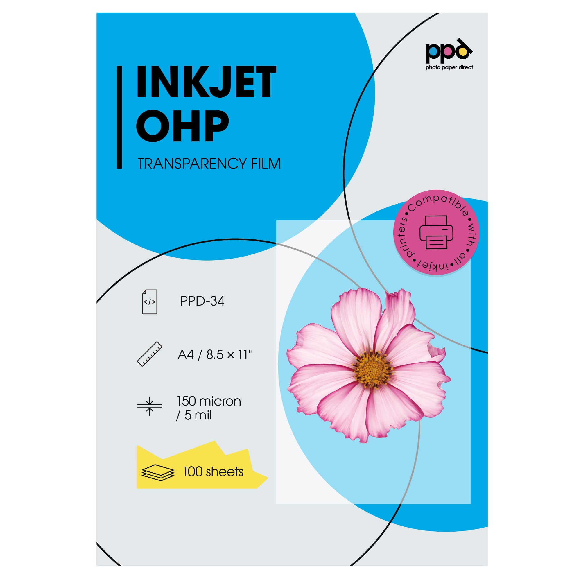 PPD A4 X 100 Films Transparents pour Rétroprojecteur, Impression Jet d'Encre, 10 Feuilles OHP Premium, Noirs Profonds, PPD-34-10