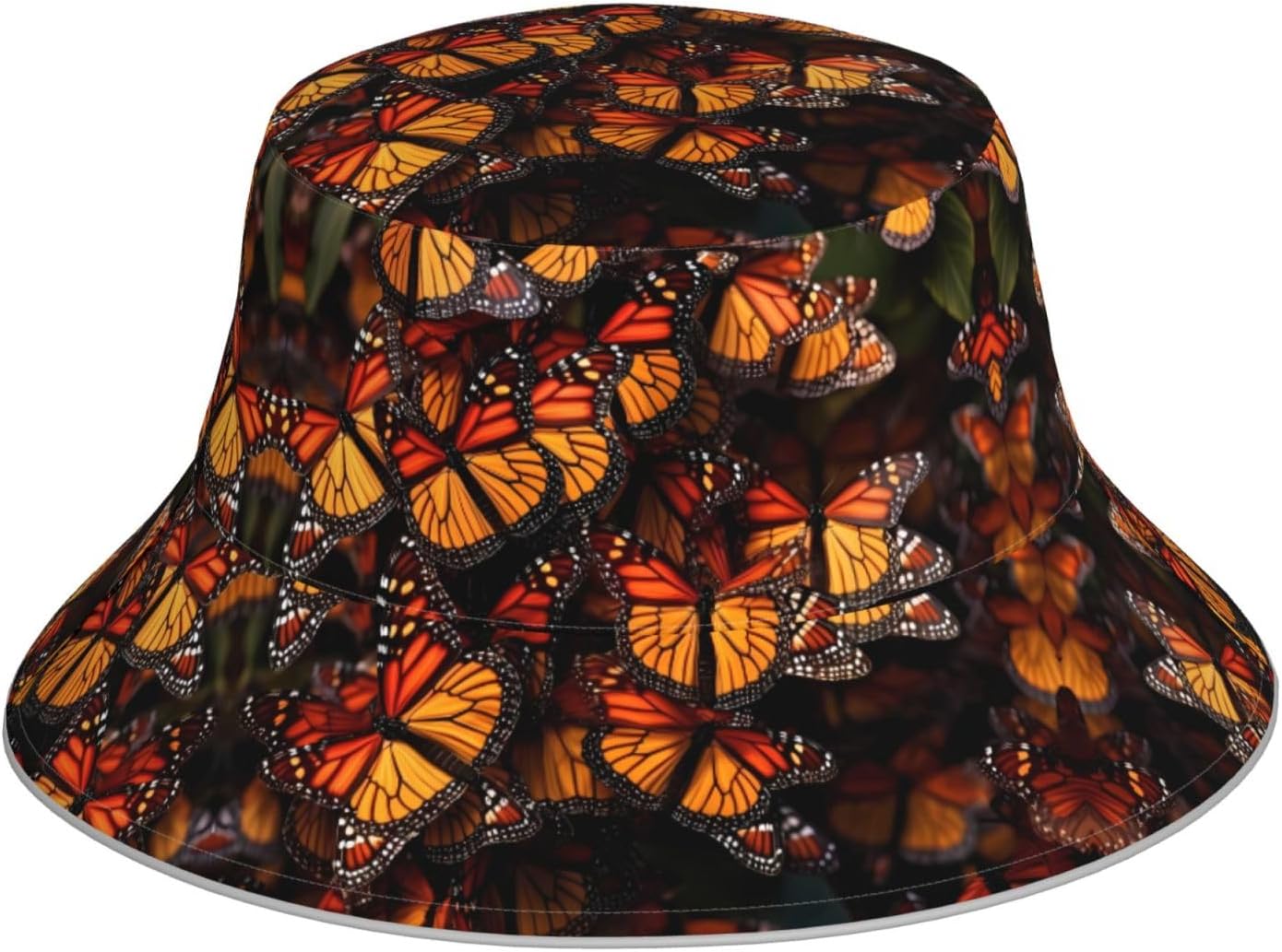 (Monarch Butterflies) Reflective Reversible Bucket Hat Foldable Breathable Stylish Two-Way Wear for Outdoor Travel Daily Activities Black