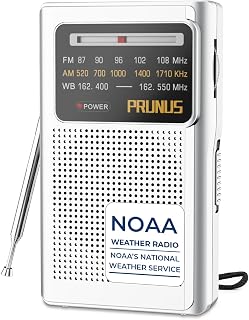 PRUNUS J-161 Pocket NOAA Weather Radio: AM/FM/7 NOAA Bands, 2 AA Battery Powered, Superior Reception for Emergencies, Hiking & Home (Silver)