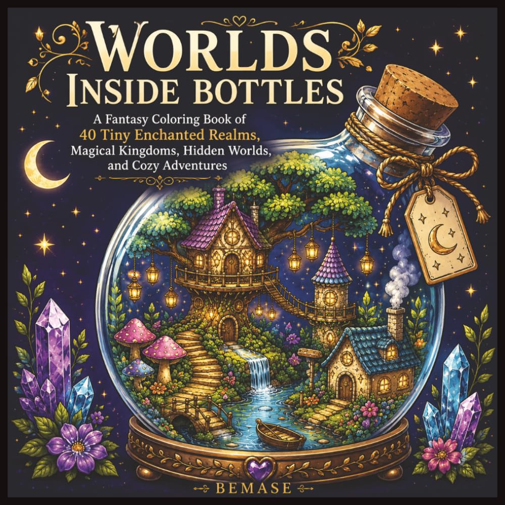 Worlds Inside Bottles: A Fantasy Coloring Book of 40 Tiny Enchanted Realms, Magical Kingdoms, Hidden Worlds, and Cozy Adventures