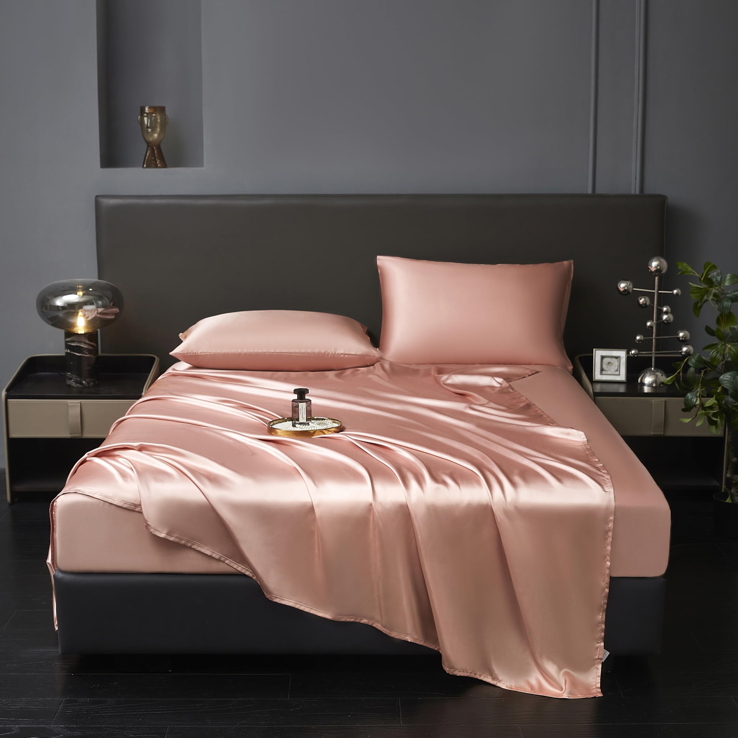 Revdomfly 4 Pcs King Size Luxury Silky Soft Champagne Satin Sheet Set,1 Premium Moisture Wicking Fitted Sheet Fits Up to 16 Inches Deep Pocket + 1 Flat Sheet + 2 Pillowcases?Champagne, King?