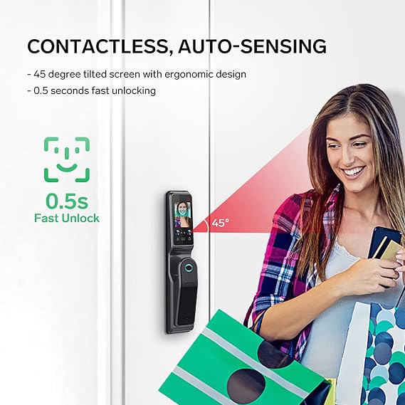 Smart Door Lock with Face Recognition, Biometric Fingerprint Access, Digital Password, Door Viewer, Includes Keys for Home Entry
