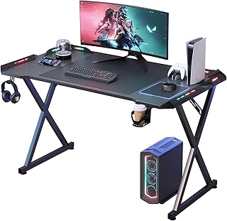 Hellove Gaming Tisch 120 x 60 cm, Gaming Schreibtisch mit LED, PC Tisch mit Kohlefaseroberfläche, Stabiler Computertisch mit Getränkehalter und Kopfhörerhaken, Schwarz