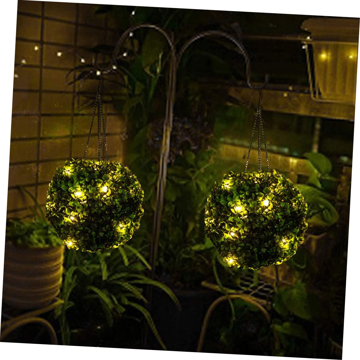 Amosfun Solar Hängelampe für Garten Künstliche Buchsbaumkugel mit LED Beleuchtung Grün mit Hängekette Kunststoff und Eisen