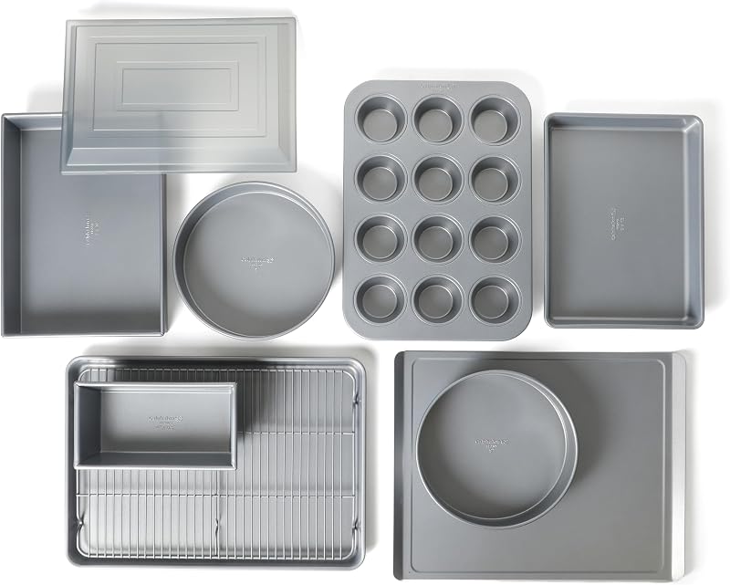 Calphalon Titan Juego de utensilios para hornear antiadherentes de 10 piezas, juego de bandejas para hornear, revestimiento antiadherente con núcleo de acero sin PFA, apto para horno, incluye bandejas para hojas, molde para muffins, moldes para pasteles redondos, molde para pan y rejilla para enfriar - plateado
