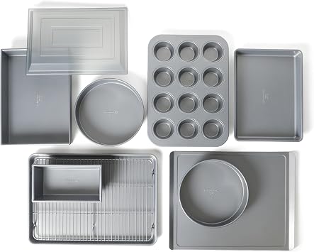 Calphalon Titan 10-Piece Nonstick Bakeware Set, Baking Sheet Set, Steel Core PFA-Free Nonstick Coating, Oven Safe, Includes Sheet Pans, Muffin Pan, Round Cake Pans, Loaf Pan and Cooling Rack - Silver