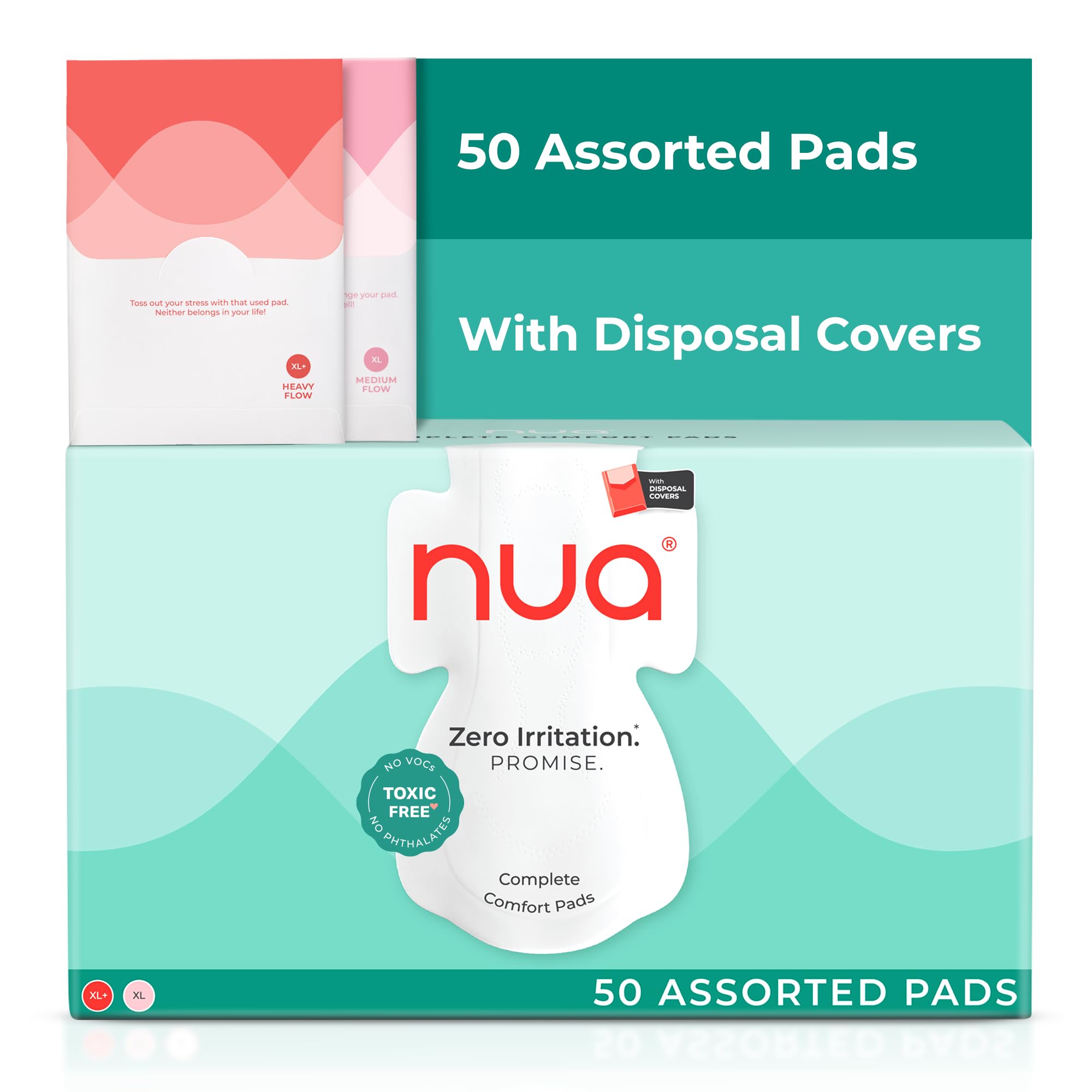 Nua Ultra Safe 50 Sanitary Pads for Women | 2 Sizes in 1: 25 Heavy Flow-XL+ & 25 Medium-XL | Safe on Skin | Toxic-Free & Rash-Free | with 50 Paper Disposal Pouches | Leakproof