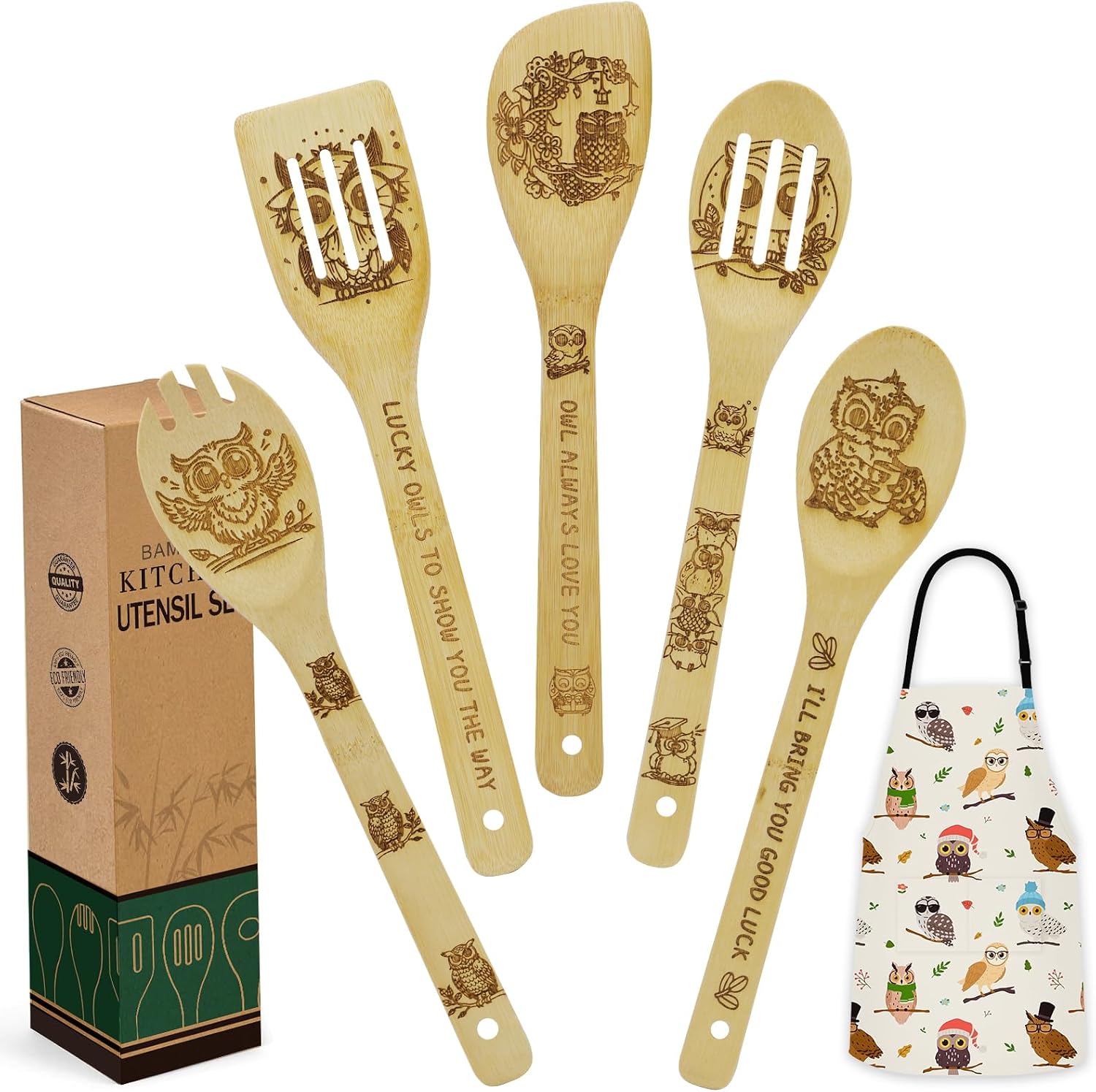 Owl Gifts for Women Kitchen Utensils Set - Bamboo Cooking Spoons Apron