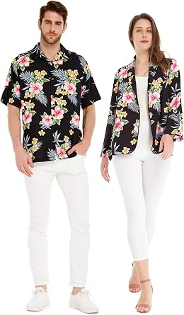 Couple Matching Hawaiian Luau Shirt and Jacket in Pink Black Hibiscus Vine