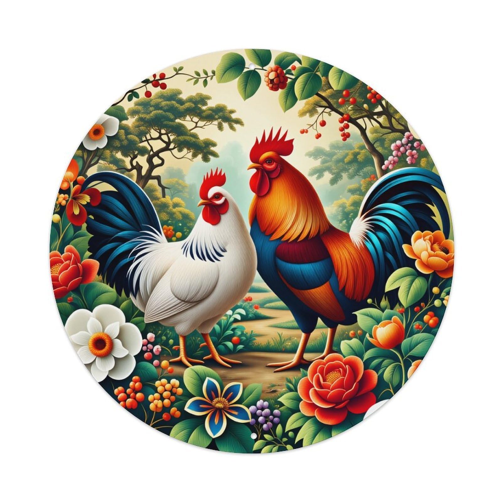 Colorful Roosters Floral Garden Scene Metal Tin Sign Vintage Garden Bedroom Cafe Bar Man Cave Home Wall Decor Metal Poster 8x8 inches
