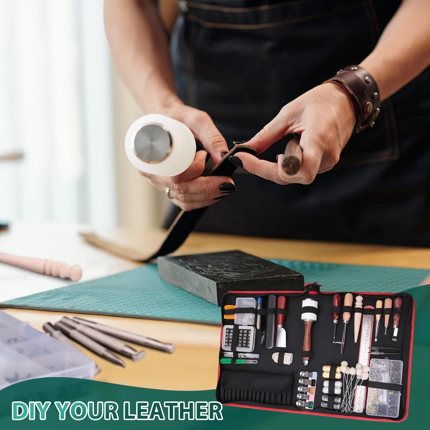 386 pcs Advanced Leather Sewing Tools and Supplies with Carrying Organizer Cutting Mat Stamping Tools Needles Snaps and Rivets Kit Perfect for Stitching Punching Cutting Sewing Leather Craft Making