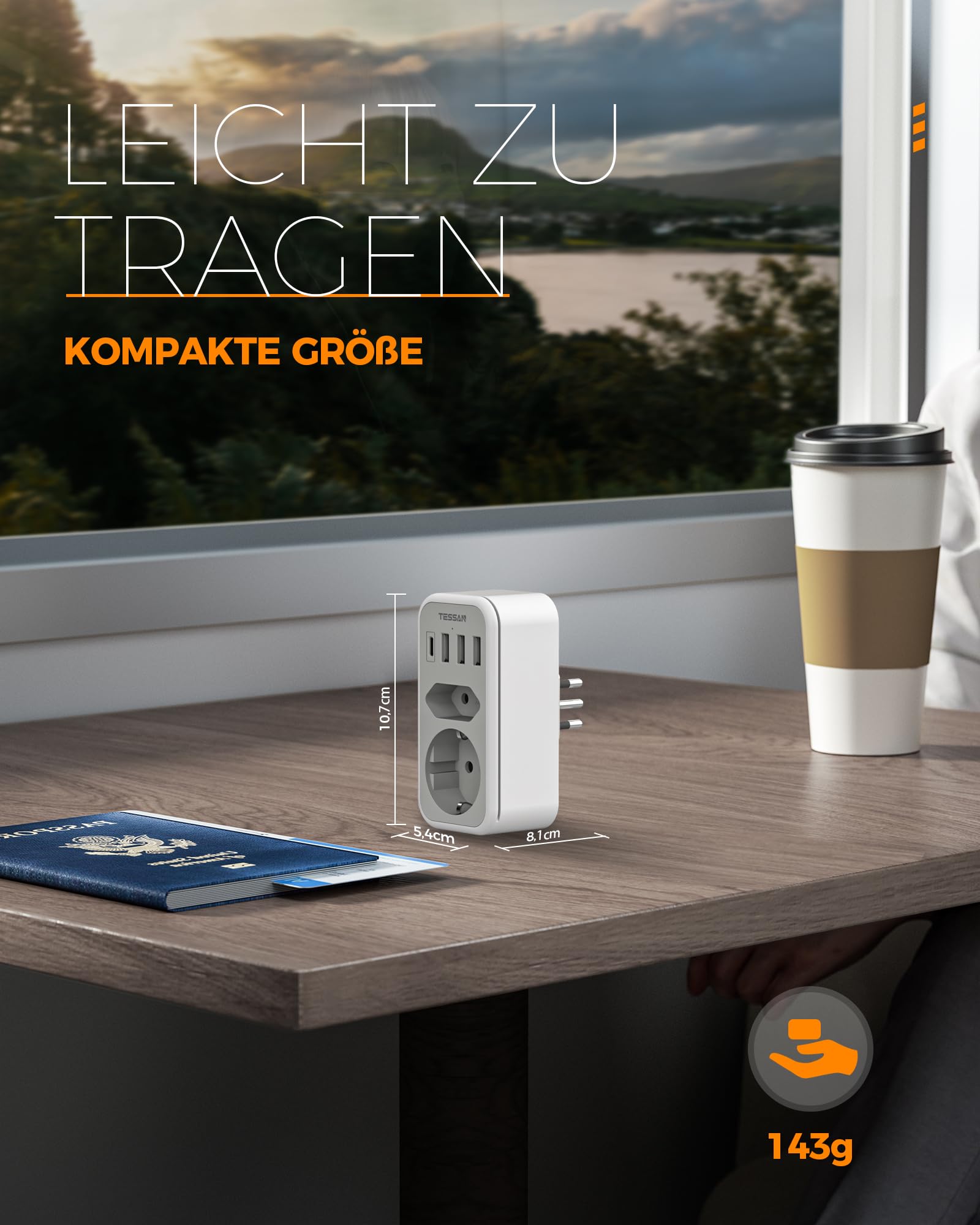 TESSAN Adapter Włochy do gniazdka, 6 w 1, adapter podróżny Włochy z 1 USB C i 3 USB A, adapter podróżny Chile, adapter Włochy Niemcy, adapter do gniazdka wtykowego USB do Włoch Chile Urugwaju