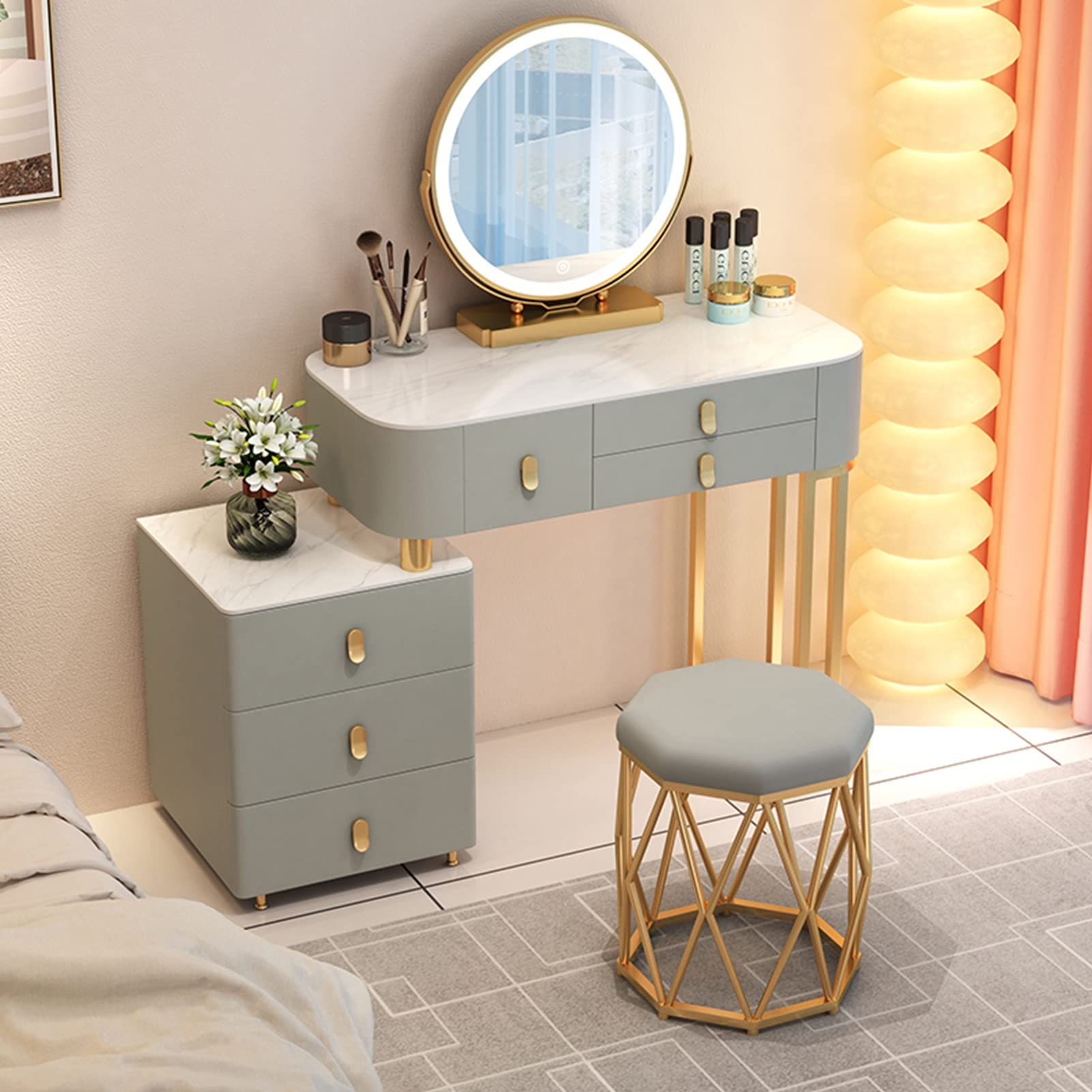 CGCSYZ Dressing table with upholstered stool, Vanity Table set with adjustable led lighting mirror, Vanity Desk with drawers, make-up cosmetic table for women(Grey a-80cm/31.5in)