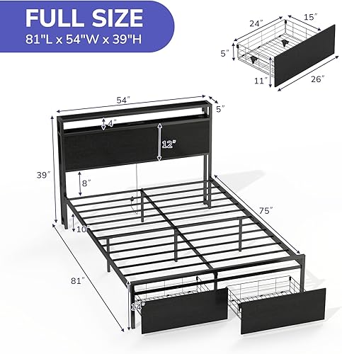 Miniatura 2 de Zevemomo Base de cama matrimonial con 2 cajones de almacenamiento, marco de cama tamaño matrimonial con cabecero, luz LED, estación de carga con 2