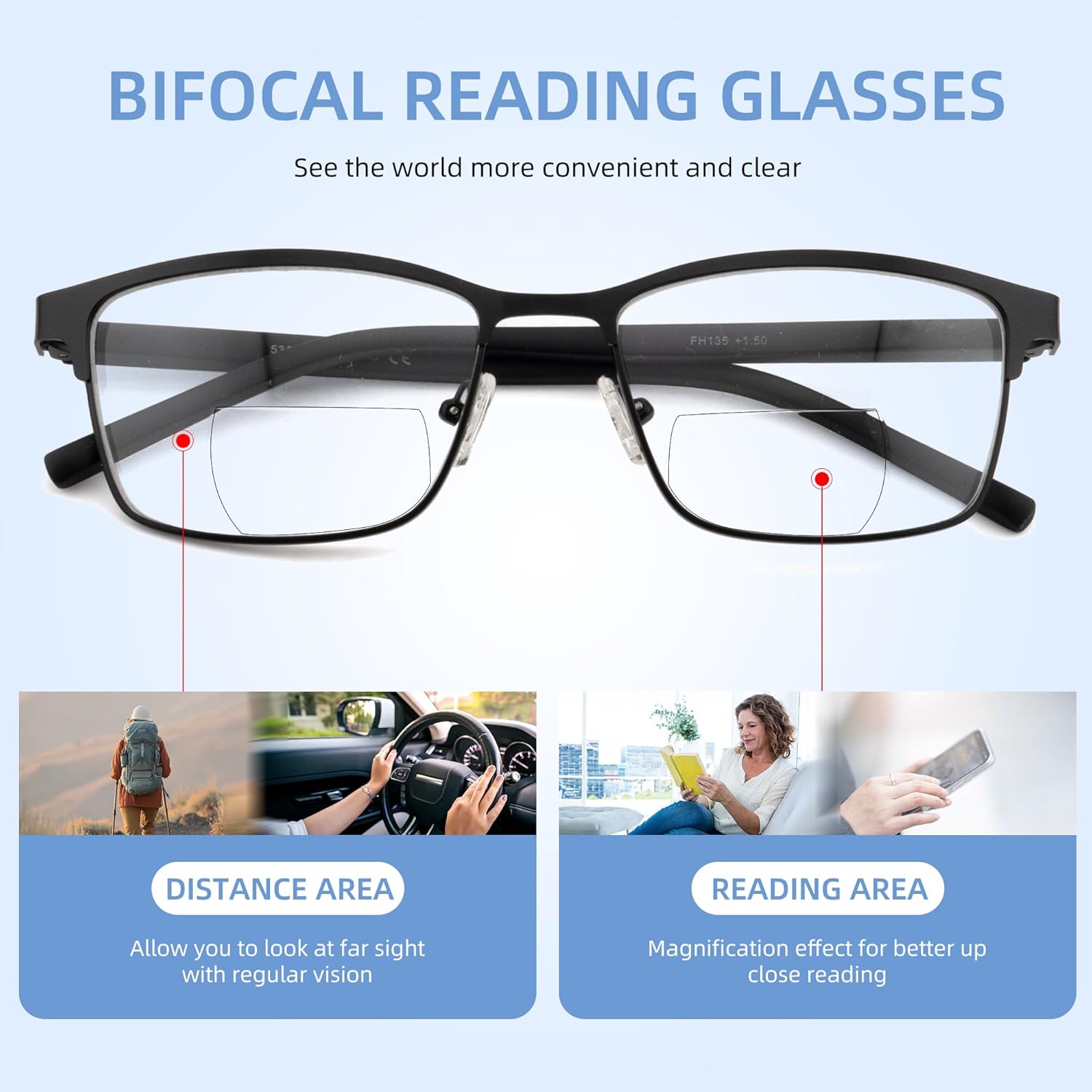 2 Pack Mens Bifocal Reading Glasses Bi Focal Matel Rectangle Readers Spring Hinge Far/Near Dual-use Eyeglasses - Image 4