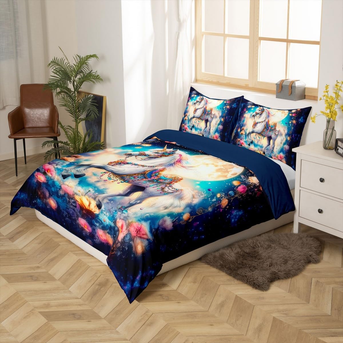 Dreamy Unicorn Duvet Cover Boho Exotic Gorgeous Horse Bedding Set Flowers Comforter Cover for Girls Galaxy Moon Sky Bedspread Cover Toddler Size with 1 Pillow Case,Comforter Not Included