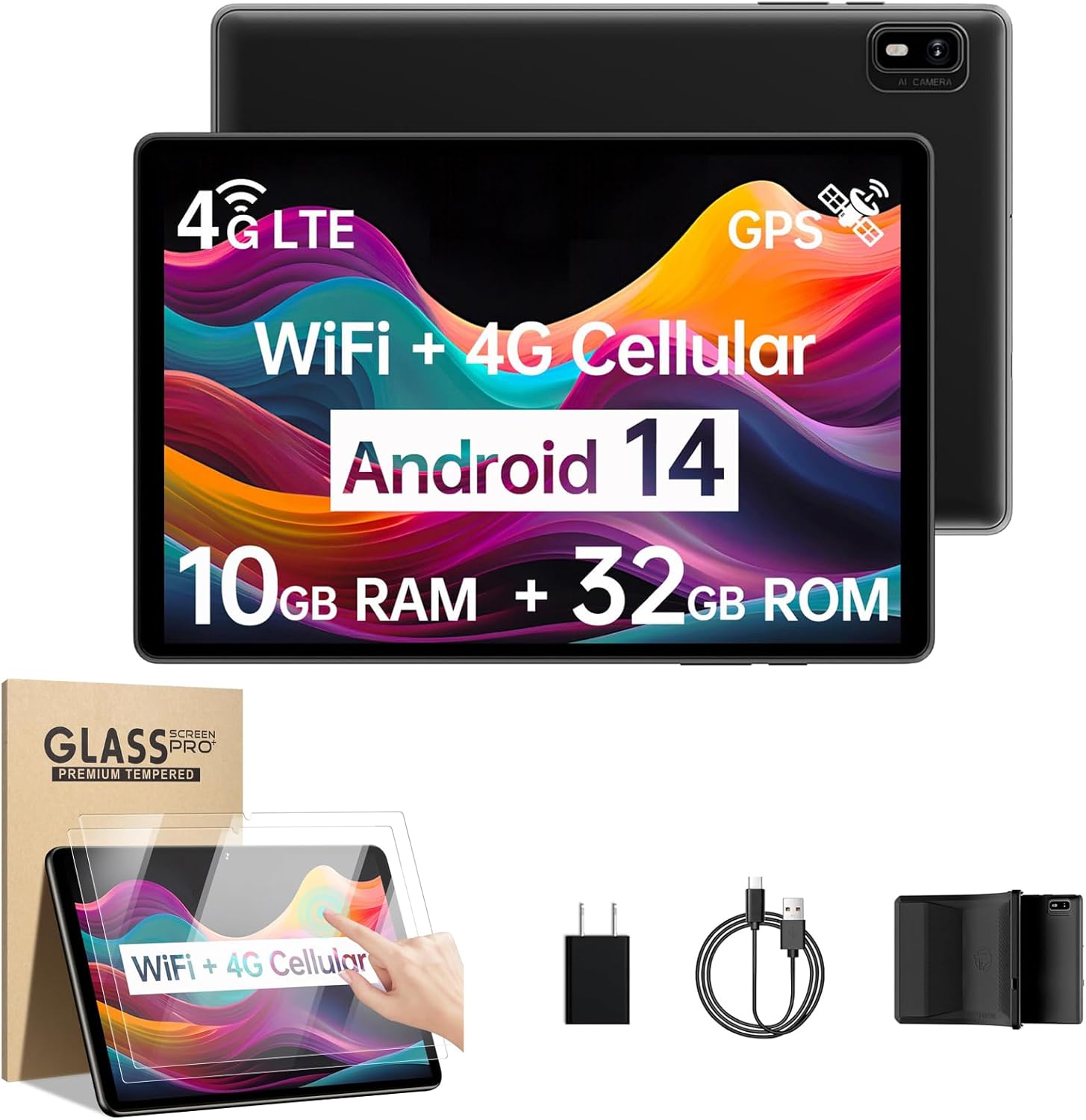 10 Inch Android 14 Tablet Phone with Premium 2-Pack Tablet Screen Protector