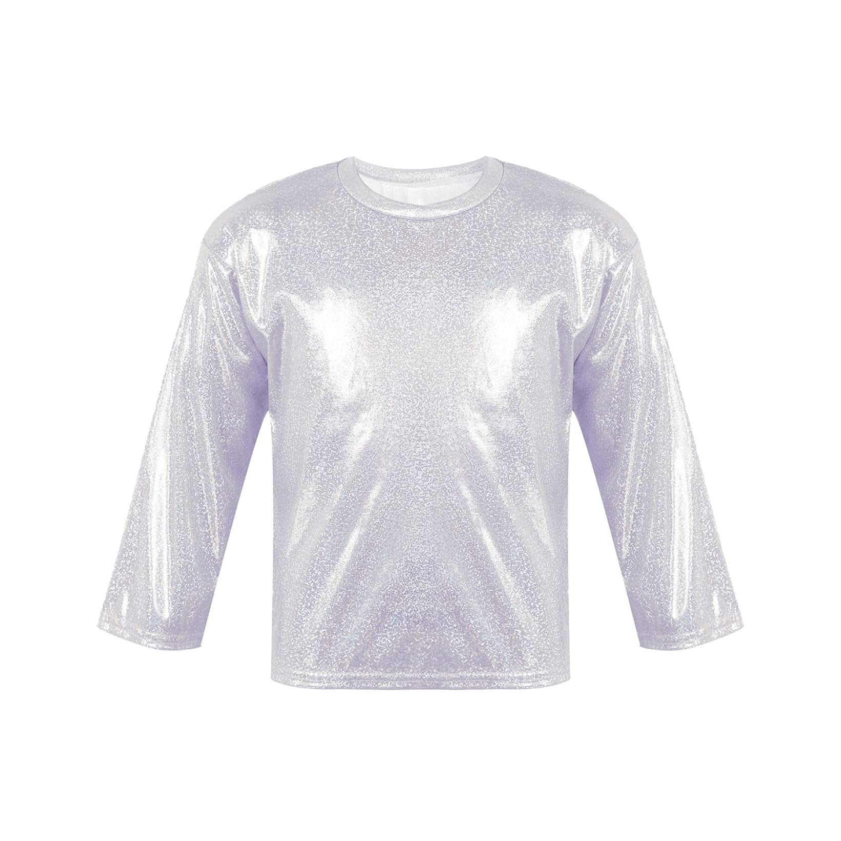 JanJean Kids Big Girls Boys Shiny Metallic Dance Top Long Sleeve Glitter Loose T-Shirt for Dance Performance Party Silver 12-14 Years