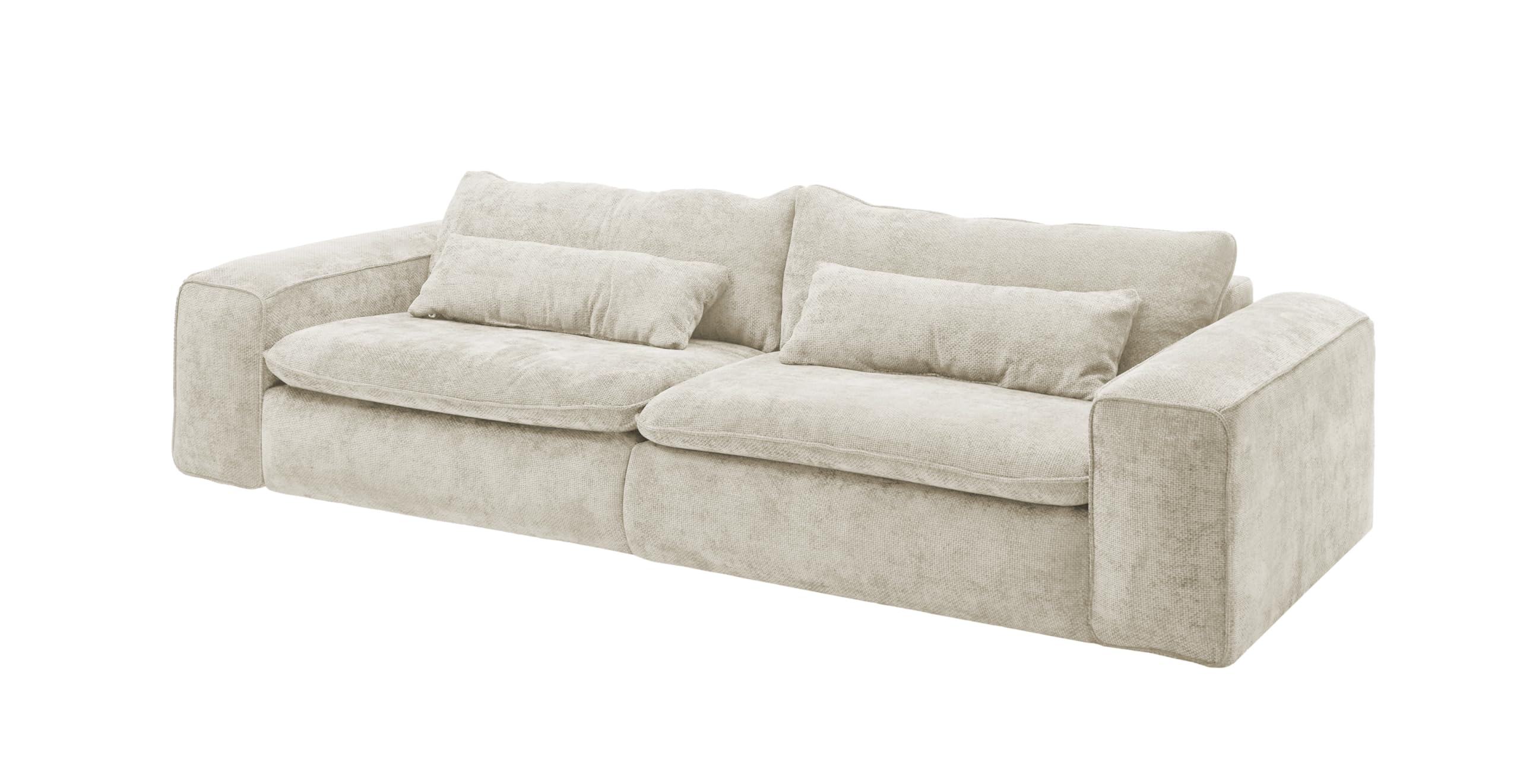 Big Sofa 300 cm breit, Modell Vince, Tiefe Sitzfläche, pflegeleichter Stoffbezug, Nosagfederung, Rücken echt bezogen, mittlere Sitzhärte, inkl. 2 Rückenkissen, 2 Nierenkissen, Beige