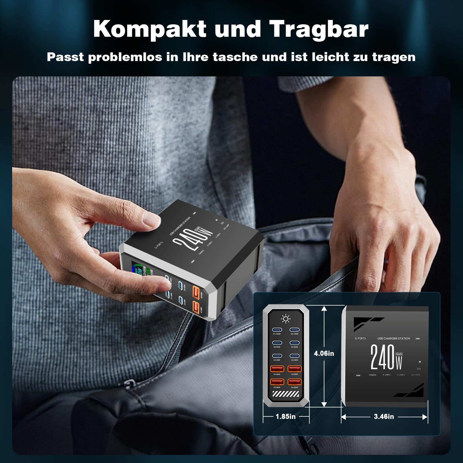 Chargeur USB C Multiple 240 W, Chargeur Rapide PD 140 W 65 W, Station de Recharge 6 Ports Chargeur GaN-III avec 4 Ports USB-C + 2 Ports USB-A pour MacBook iPad Pro/Air, iPhone 16 15 Pro Max, Samsung,