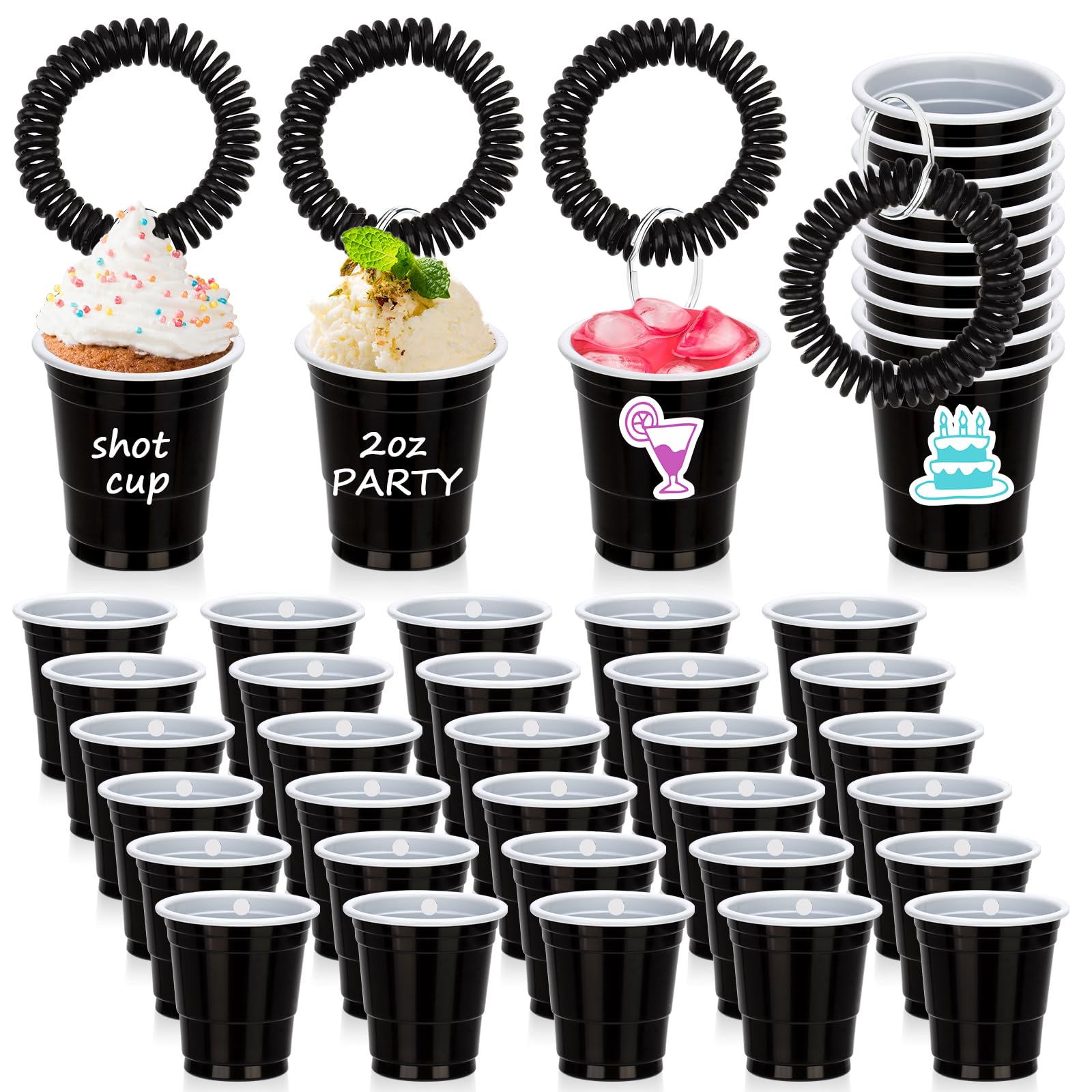 30 Pcs Black Shot Cups with Wristband for Party 2oz Plastic Shot Glasses Bulk Disposable Mini Shot Glasses with Bracelet Wear On Solo Cups for Party Beer Sample Taste Serving Graduation Birthday