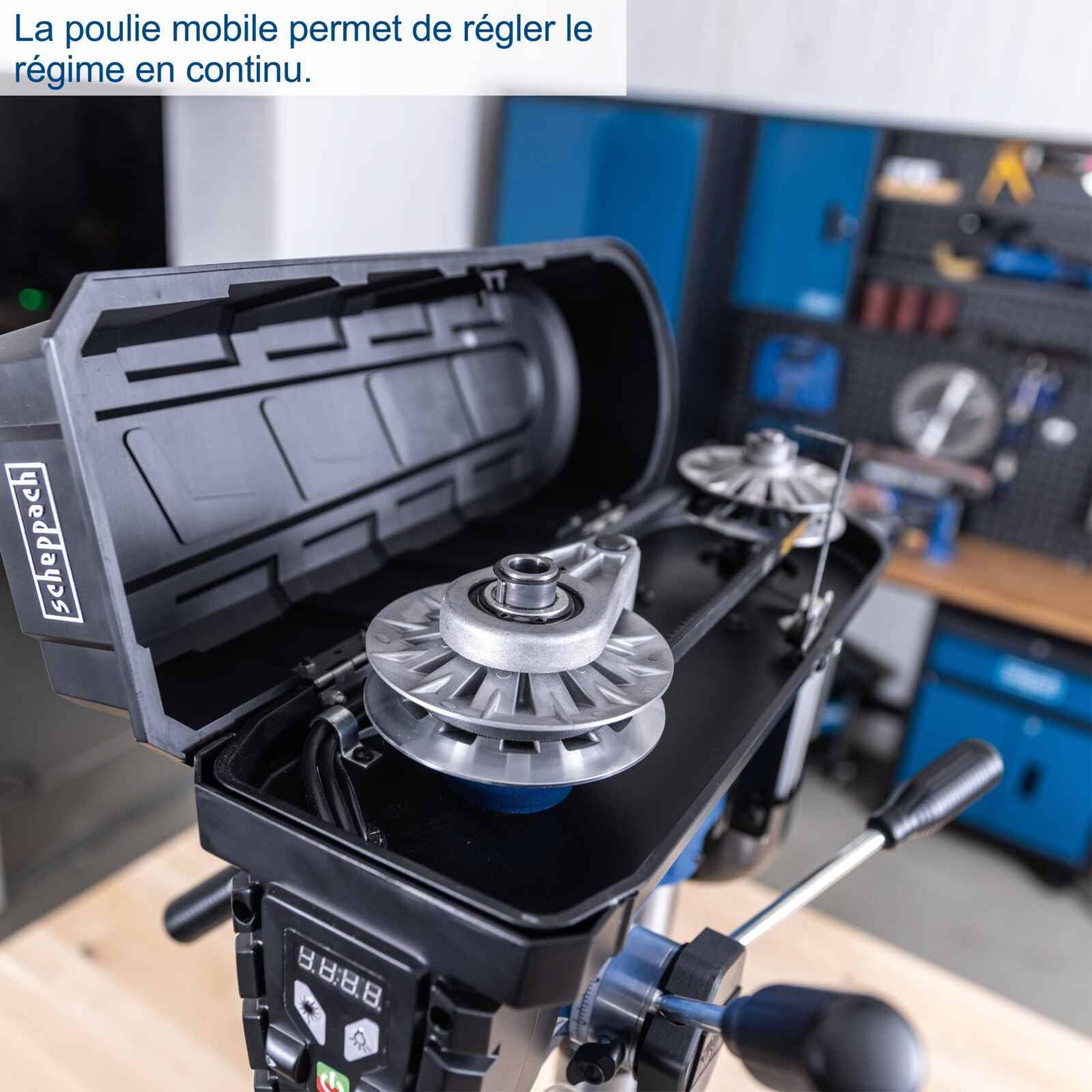 Scheppach Perceuse à colonne TBM300Vario - 750W - table 240 x 240 mm - 440-2580 tr/min - inclinable - mandrin 1-16 mm - profondeur de perçage 80 mm