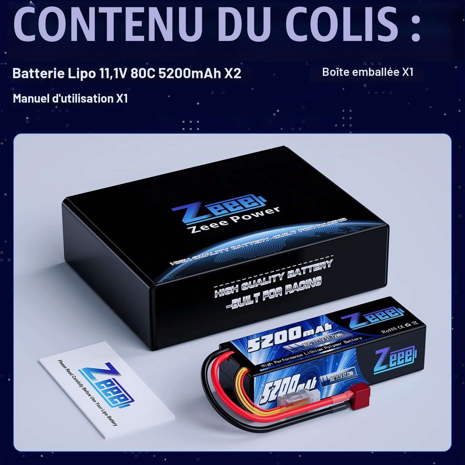 Zeee 3S Lipo Batterie 5200mAh 11,1V 80C Hardcase avec connecteur T(2 pcs)