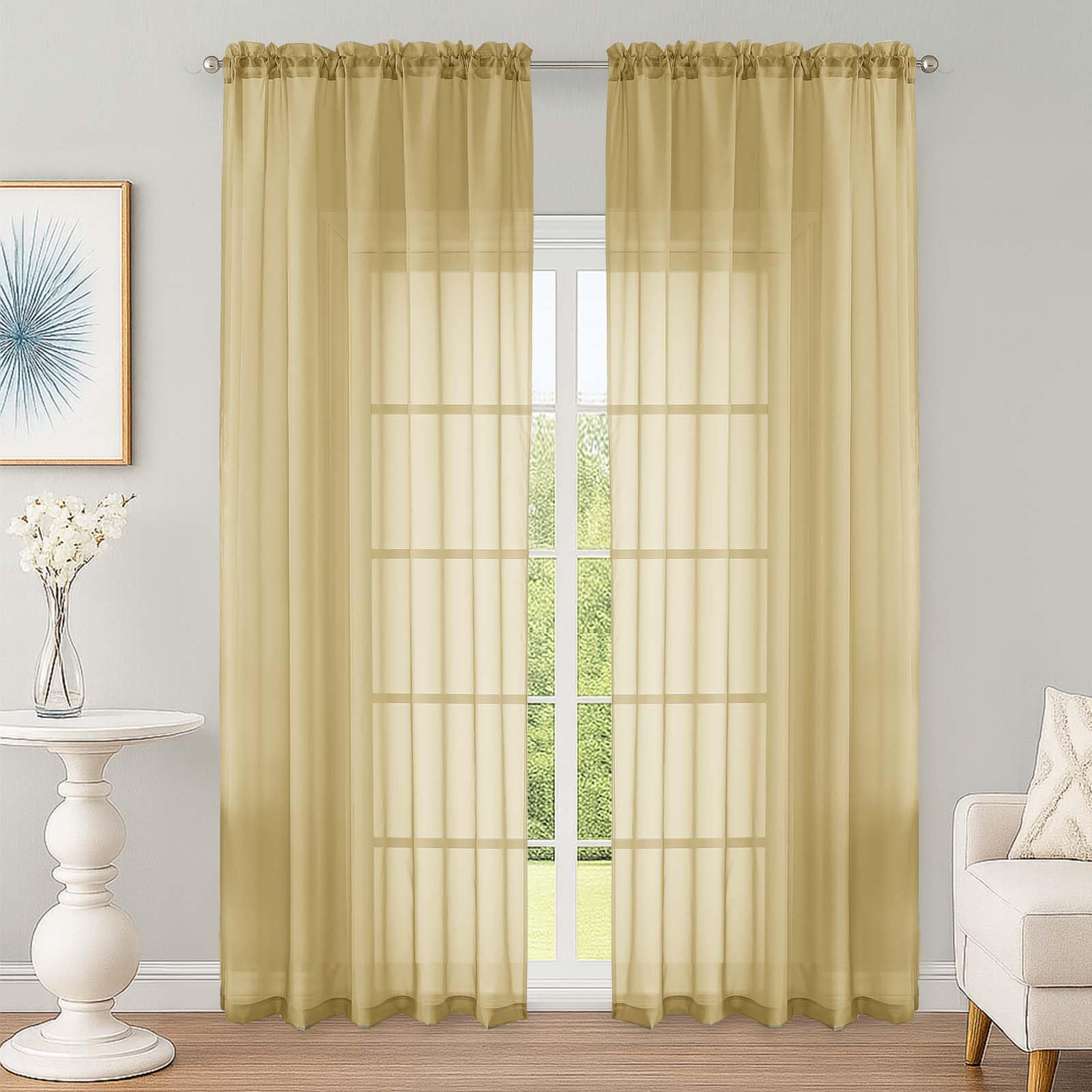 Gold Sheer Curtain 90 Inches Long 2 Panels Set, Solid Filmy Drapes for Living Room Bedroom, Elegant Window Voile Sheer Curtain Panels Drapes, 2 Pcs, Each 59" Wx90 L Inch