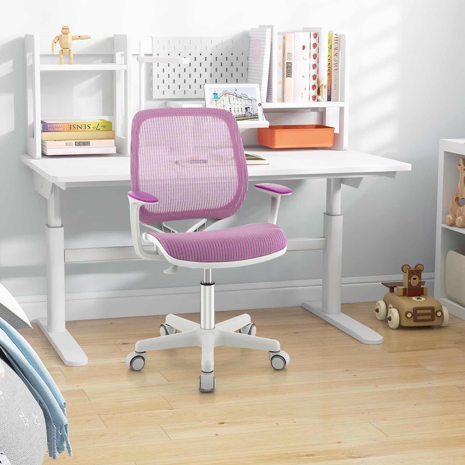 RELAX4LIFE Sedia Girevole per Bambini, Altezza Regolabile, Schienale e Braccioli, Ruote con Freni, Sedile a Rete per Bambini 3-10 Anni, Ideale per Cameretta e Studio (Blue) (VIOLA)