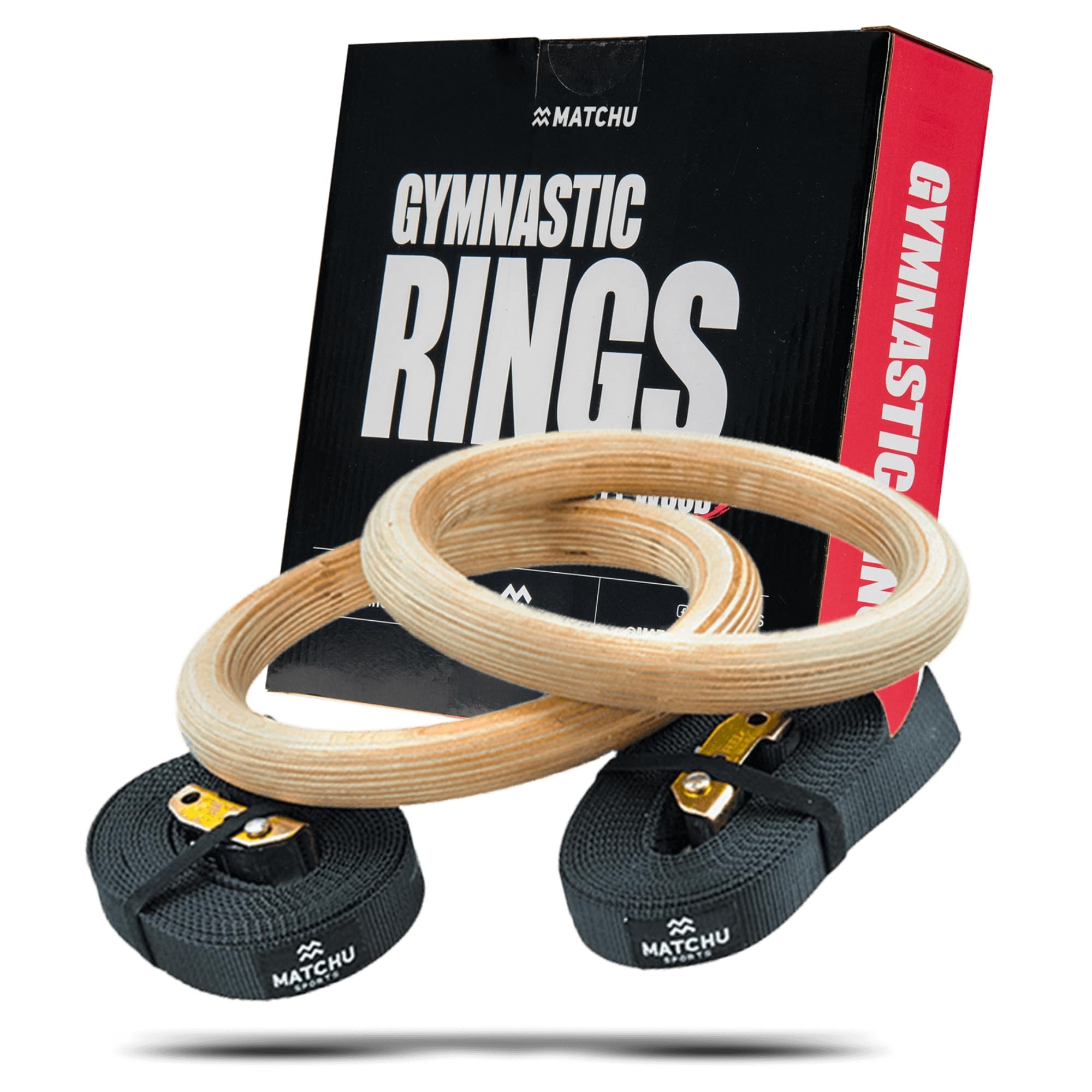 MATCHU - Anelli da Palestra in Legno - Anelli da Palestra in Legno - Anelli da Fitness - Caricabile Fino a 400KG - Regolabile - 2 Pezzi - Cinghie Incluse - Nero