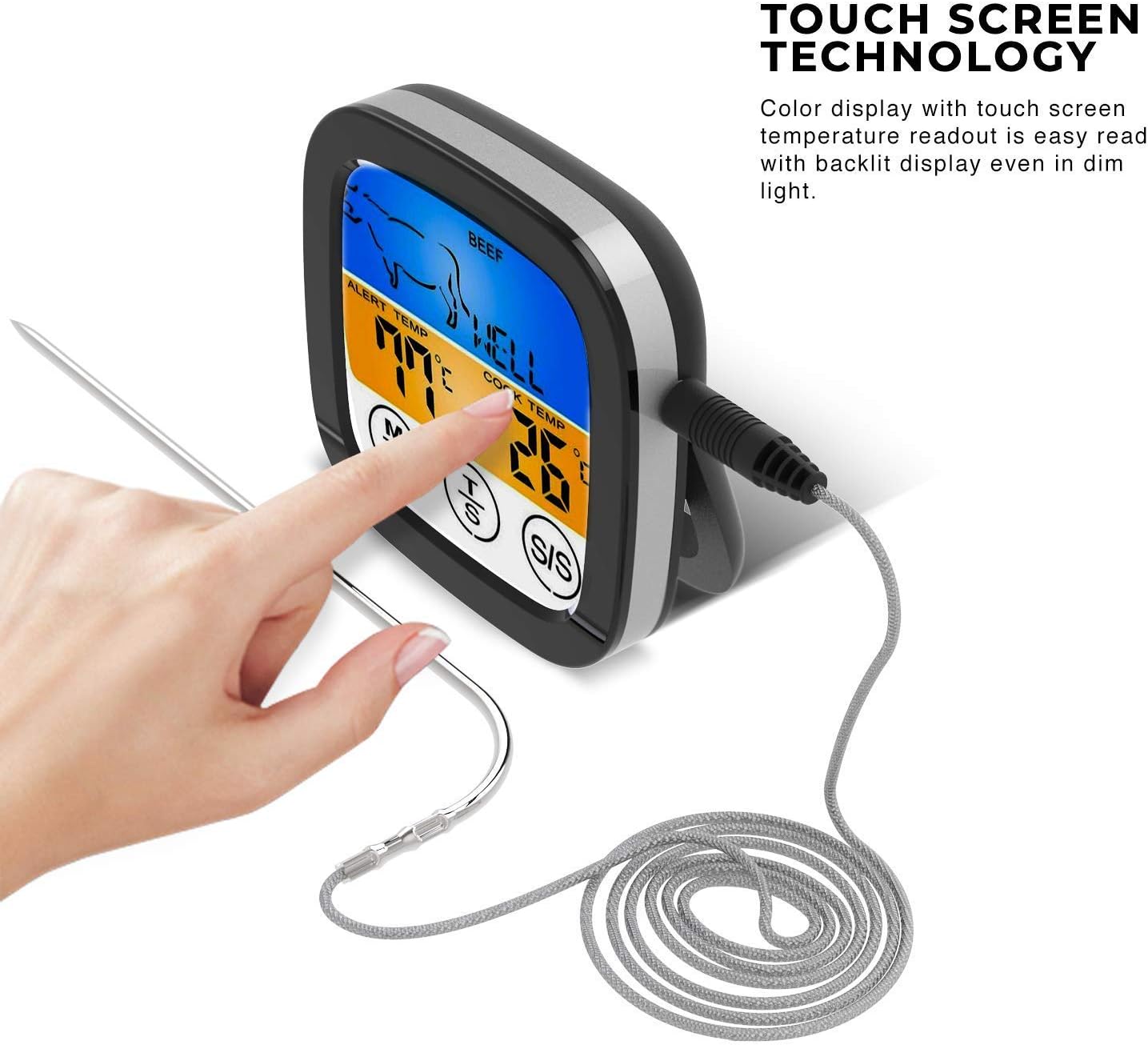 review Digital Touchscreen Food Thermometer for Meat Poultry Fish Cooking in Frying Pan Smoker Oven BBQ Grill with Sensitive Color LCD Display | All Temperature and Timer Modes | Best Taste Results