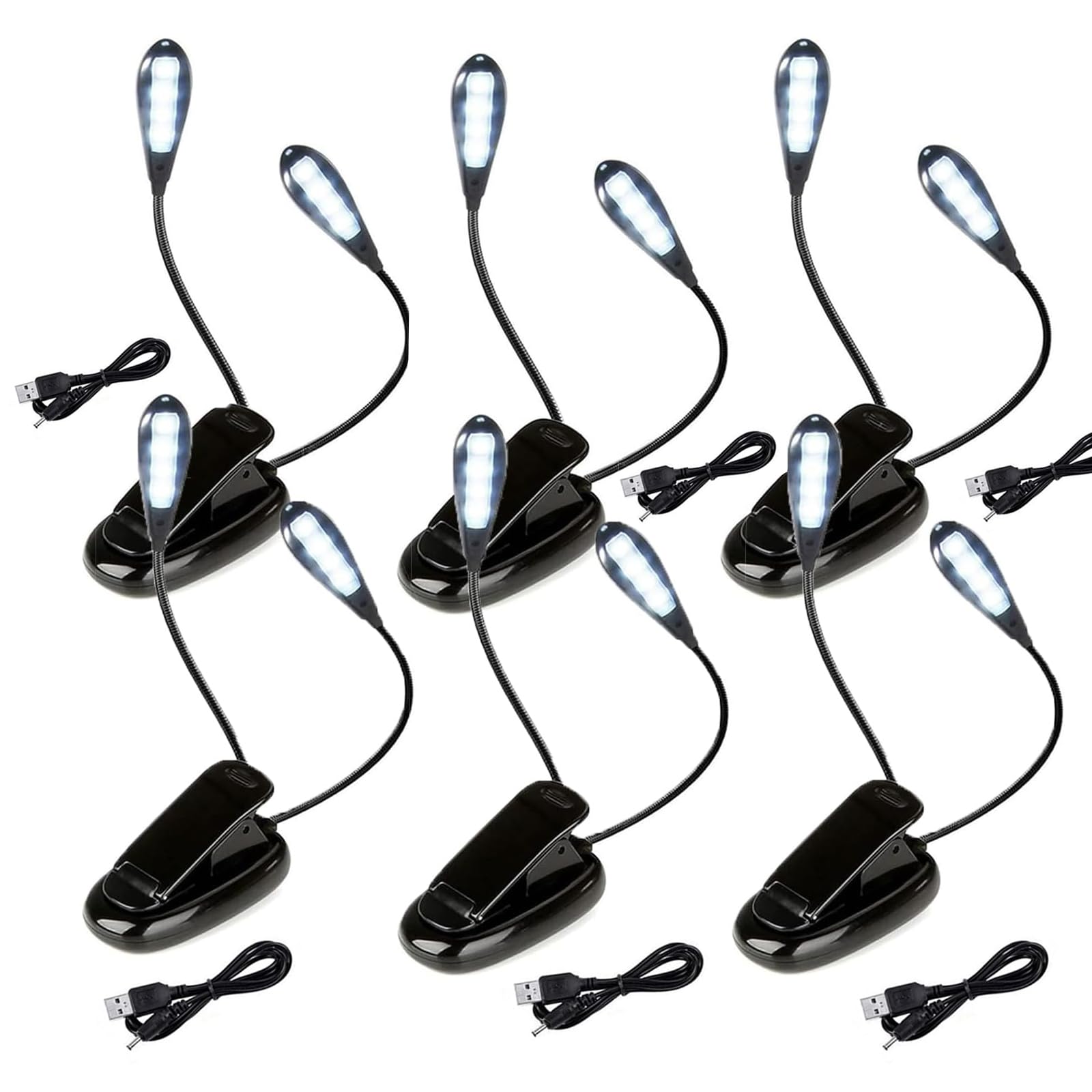 KINGCOO 8LED Buch Leselicht, Einstellbar Doppelkopf Tischlampe Klemmleuchte Lichter Clip Leselampe Tageslichtweiß Notenständer Licht mit 2 Helligkeit USB Kabel für BBQ Schreibtisch Reisen (6Stück)