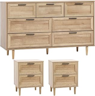 OIKITURE Chest of 7 Drawers & 2 Nightstands(2 Drawers), Natural | Modern rustic finish, Solid wood legs, alloy handles, 15mm Particle board, Perfect for bedroom, living room, hallway