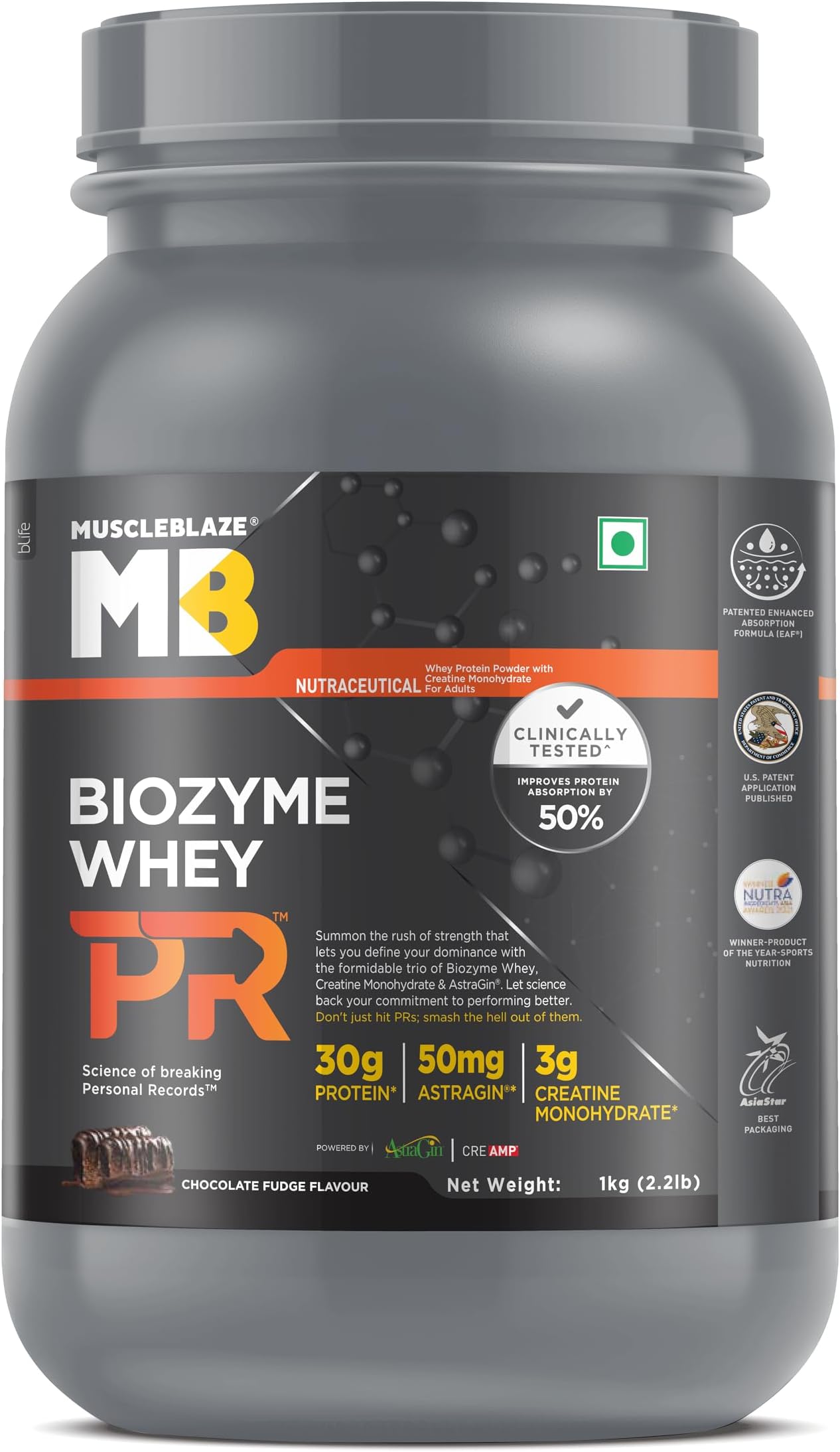 MuscleBlaze Biozyme Whey Protein PR Powder with 30g Protein, 3g Creatine Monohydrate & 50mg AstraGin (Chocolate Fudge, 1kg / 2.2lbs) | Trustified Gold Certified