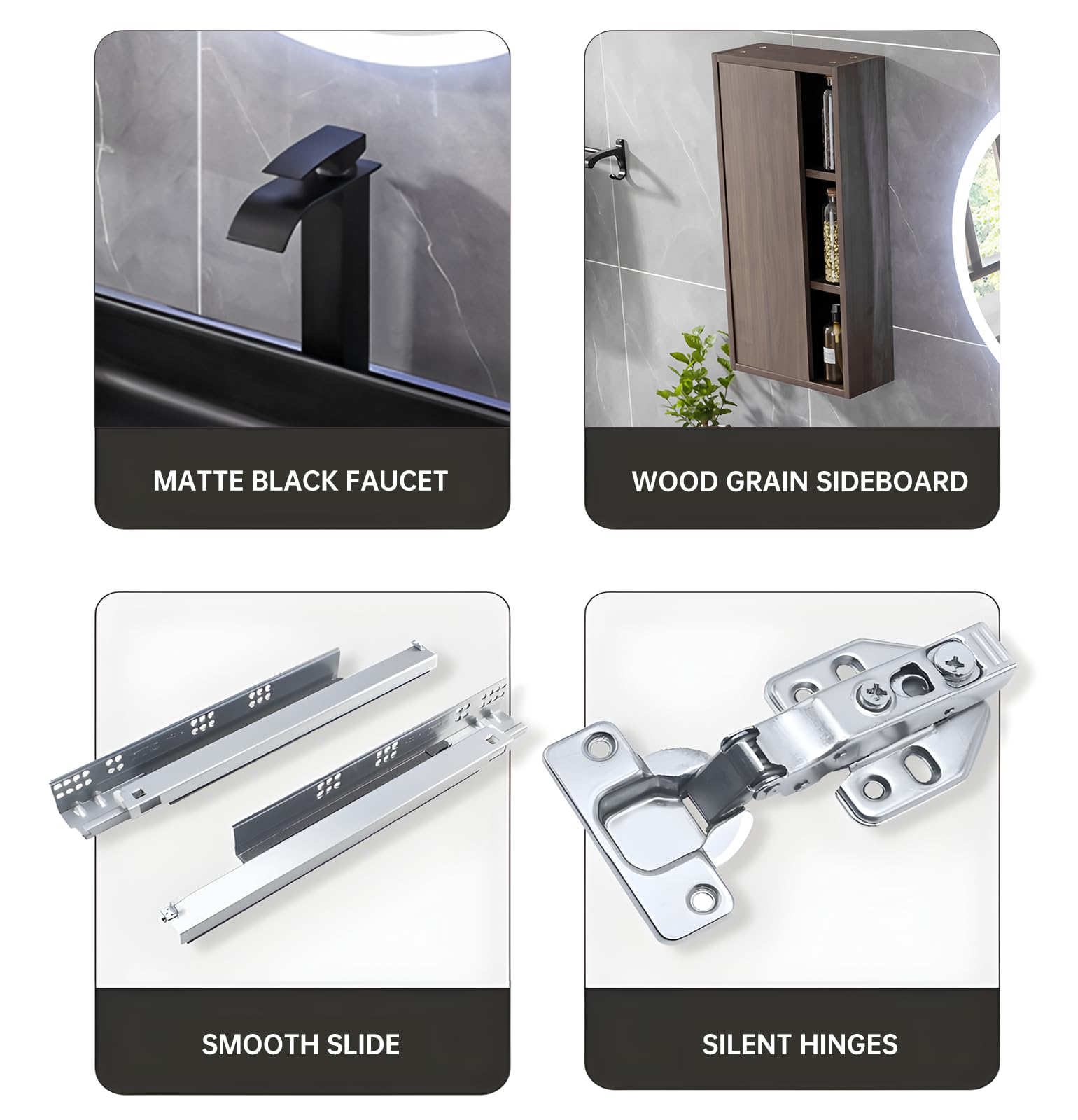 Juego de baño montado en la pared de 52 pulgadas con espejo LED inteligente antivaho impermeable, gabinete de madera maciza, lavabo negro y encimera para baños modernos