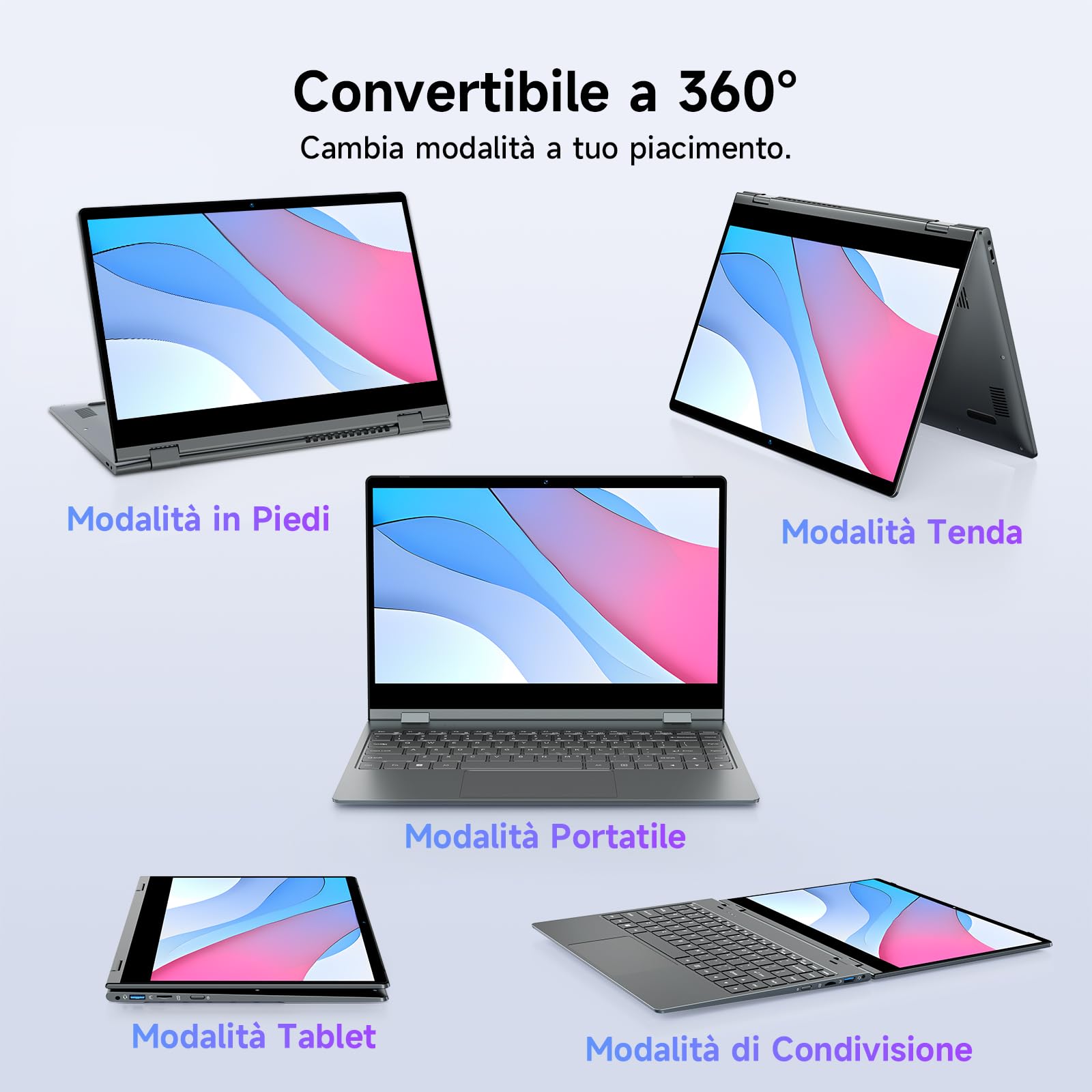 BMAX PC Portatile Intel N150 Notebook 14 Pollici 2 in 1 Touchscreen Computer Portatile 16GB RAM 512GB SSD Win 11 Tastiera Retroilluminata USB 3,2, Type C, BT5.0, Film per Tastiera Italiana