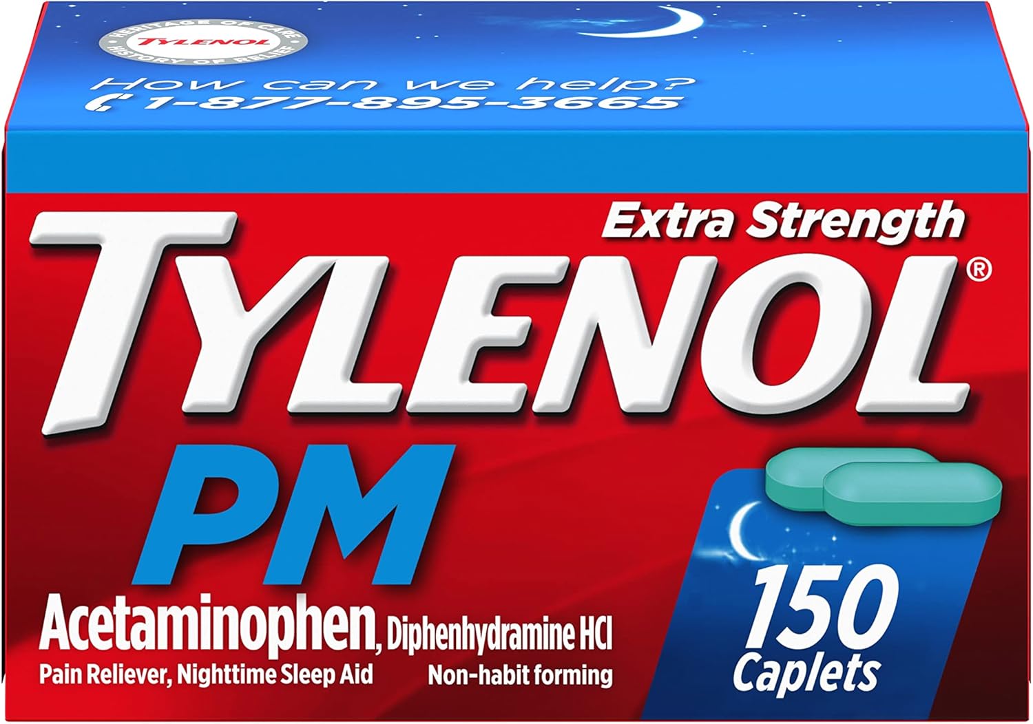 Tylenol PM Extra Strength Nighttime Pain Reliever & Sleep Aid Caplets, 500 mg Acetaminophen & 25 mg Diphenhydramine HCl, Relief for Nighttime Aches & Pains, Non-Habit Forming, 150 ct : Health & Household